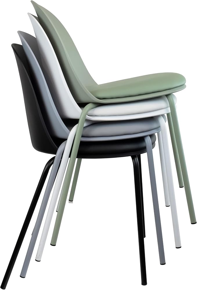2xhome Modern Stackable Armless Dining Chair, Plastic Shell Seat with Upholstered PU Leather Cushion Padded Seat Metal Legs for Home Kitchen Patio Cafe, White