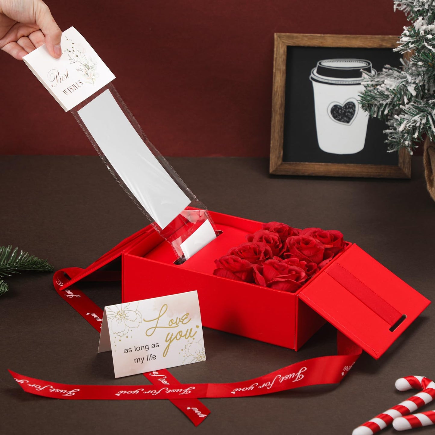 Resholder Money Pull Box for Cash Gift Birthday Money Pull out Gifts with 8 Rose 2 Greeting Card 1 Light String for Mom Husband Wife Anniversary Christmas(Red)
