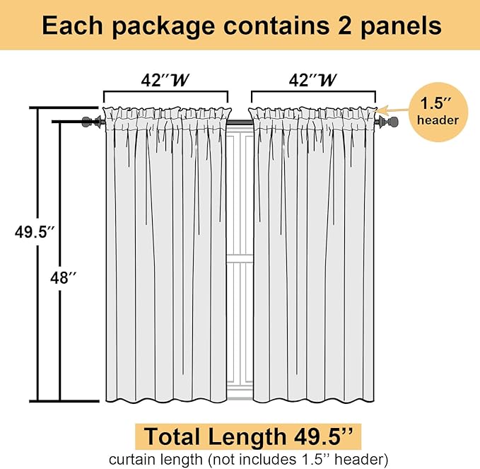 Lecloud Black Sheer Curtains 48 Inch Length 2 Pcs, Light Filtering Bedroom Curtains for Living Room Window Treatments, Rod Pockets Voile Drapes for Bathroom Basement, Each Panel 42" W x 48" L