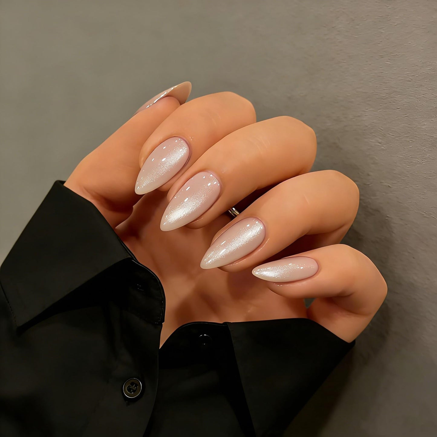 KQueenest Cat Eye Press On Nails Almond - Beige Nude Press On Nails Medium Stiletto, 30 Pcs 15 Sizes Glitter Fake Nails Press ons, Upgrade Thick Quality, Reusable Reflective Glue on Nail for Women