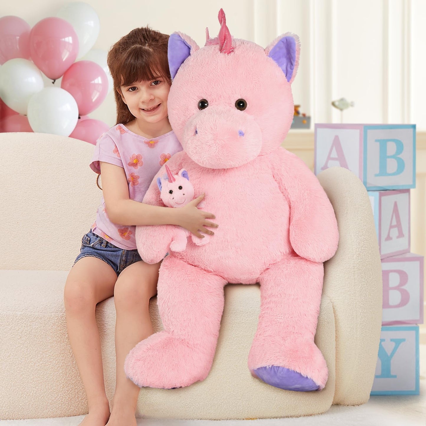MorisMos Giant Pink Unicorn Stuffed Animal with Pony Plush Toy,39" Large Mama & Baby Stuffed Unicorn Toys Gift for Girl Boy Women Girlfriend,3ft Big Stuffed Animal for Baby Shower Birthday Party Decor