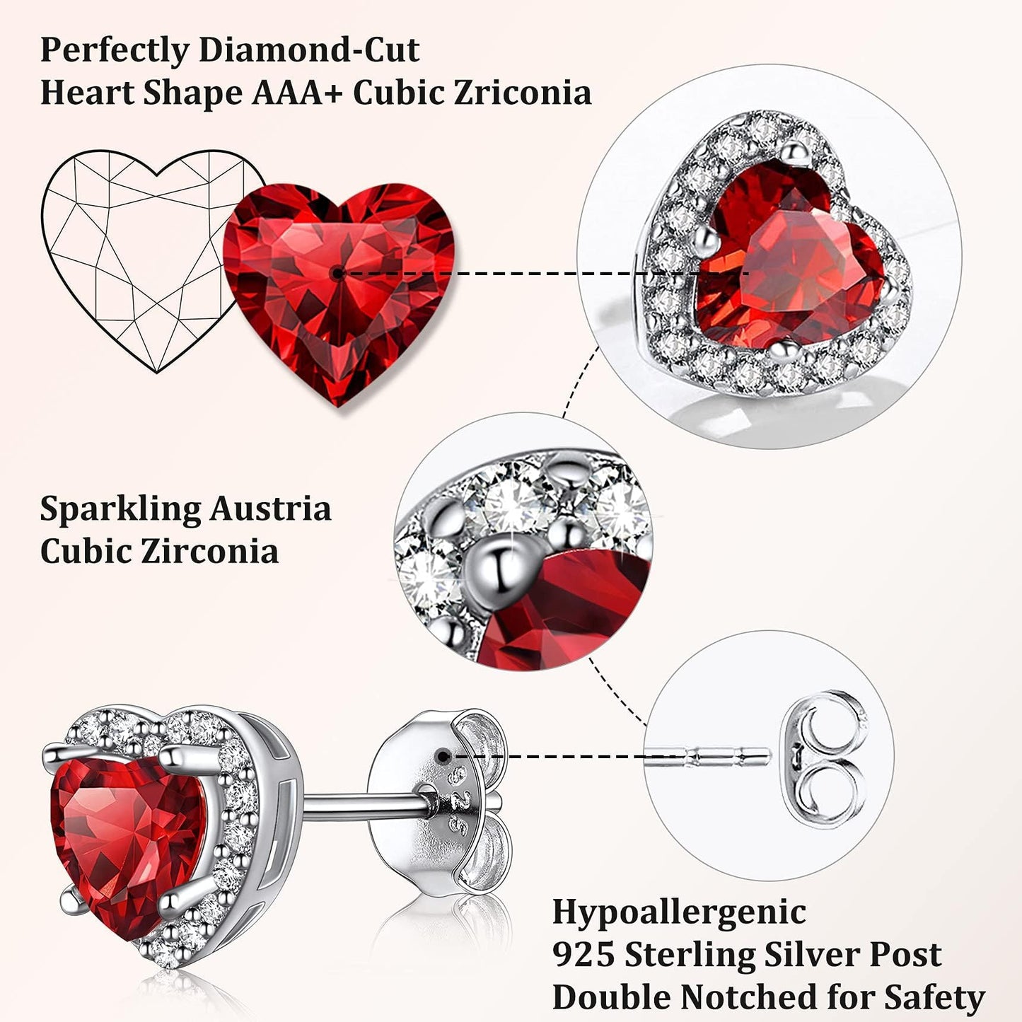 Bestyle 925 Sterling Silver Created Diamond Earrings Heart Studs for Women, 5mm January Granet Birthstone Gem Earrings Illuminated by 1mm White Cubic Zirconia