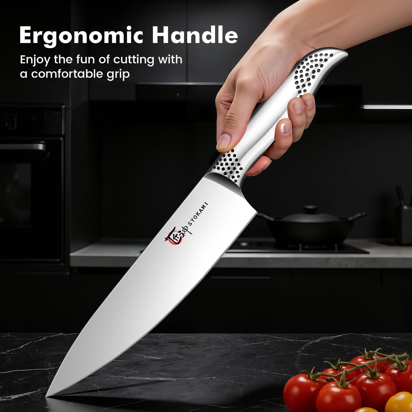 SYOKAMI Japanese Knives Set for Kitchen, Magnetic Knife Set with Block and Sharpener, Stainless Steel Knife Set as Gift for Couple, Wedding, Women or Mom with Gift Box, 14 PCS Black Dot