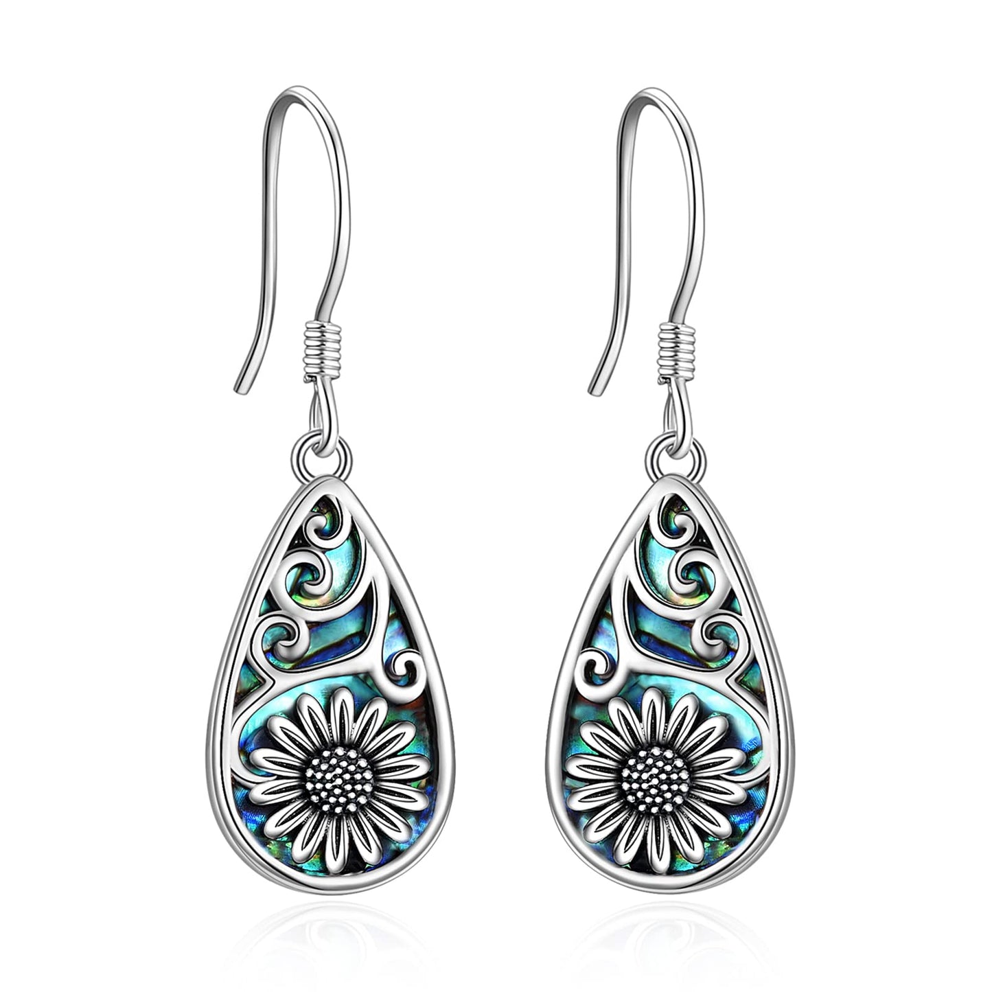 POPLYKE 925 Sterling Silver Sunflower Earrings Teardrop Abalone Dangle Earrings for Women Sunflower Jewelry
