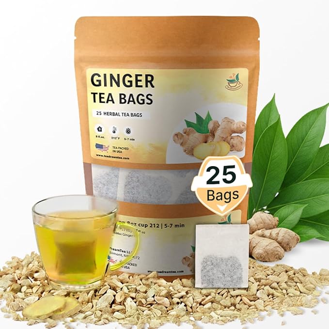 Ginger Tea Bags - 25 Bags - Premium & Spicy Ginger Herbal Tea - Pure Natural Extract Caffeine-Free and Gluten-Free Herbal Tea from Real Flowers for Relaxation with Smooth Taste (25 count)