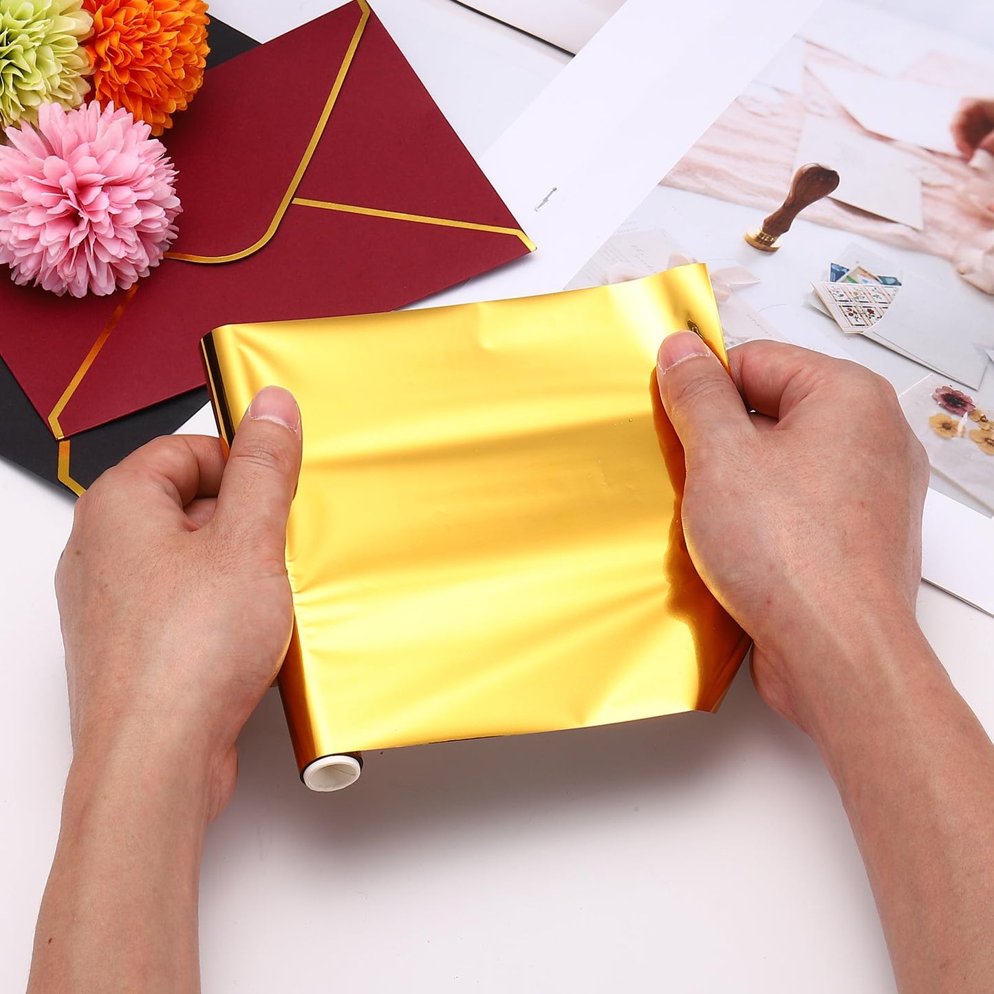 MECCANIXITY 5PCS Heat Activated Foil Hot Stamping Foil Laser Toner Transfer Sheets for DIY Card Scrapbooking Making, 6" W x 10ft L, Gold