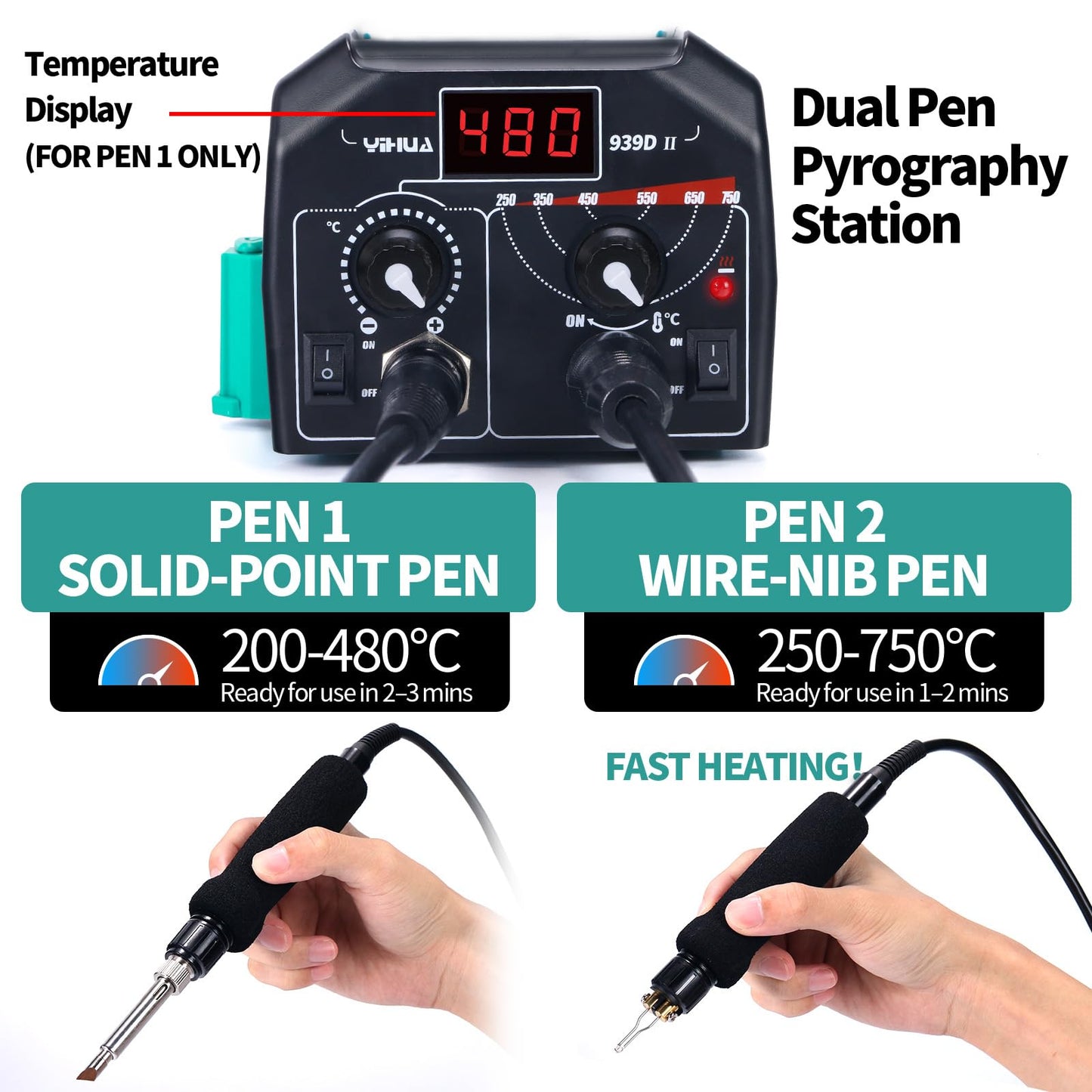 YIHUA 939D-II Pyrography Pen Wood Burning Kit Station 2-in-1 Solid-Point 200~480°C (with Temp Display)/Wire-Nib 250~750°C with 20 Nibs, Solid Points, 1 Stable Pen Holder, 2 Scrap Wood (Green)