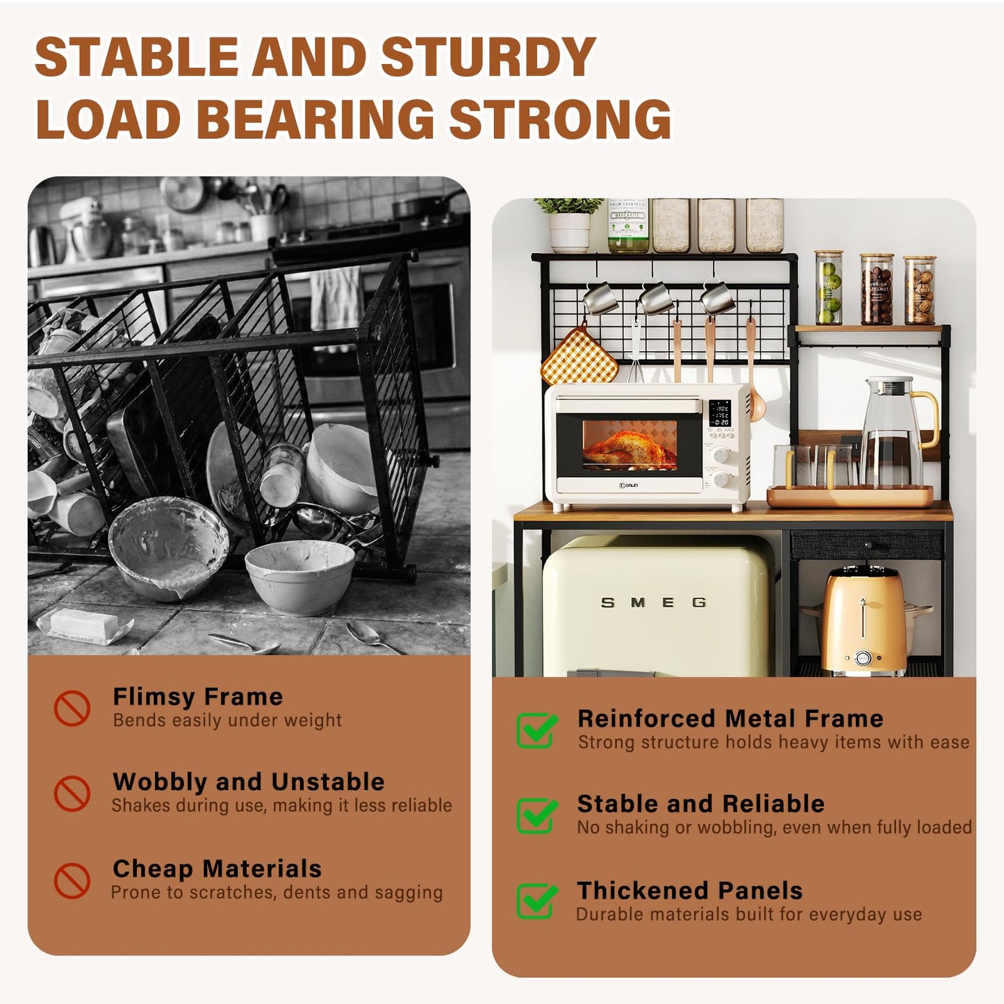CozyDH Large Bakers Rack with Power Outlet, Kitchen Microwave Stand with Storage Shelves, Wire Basket and 12 S-Shaped Hooks, 35.4 Inches Rustic Brown Coffee