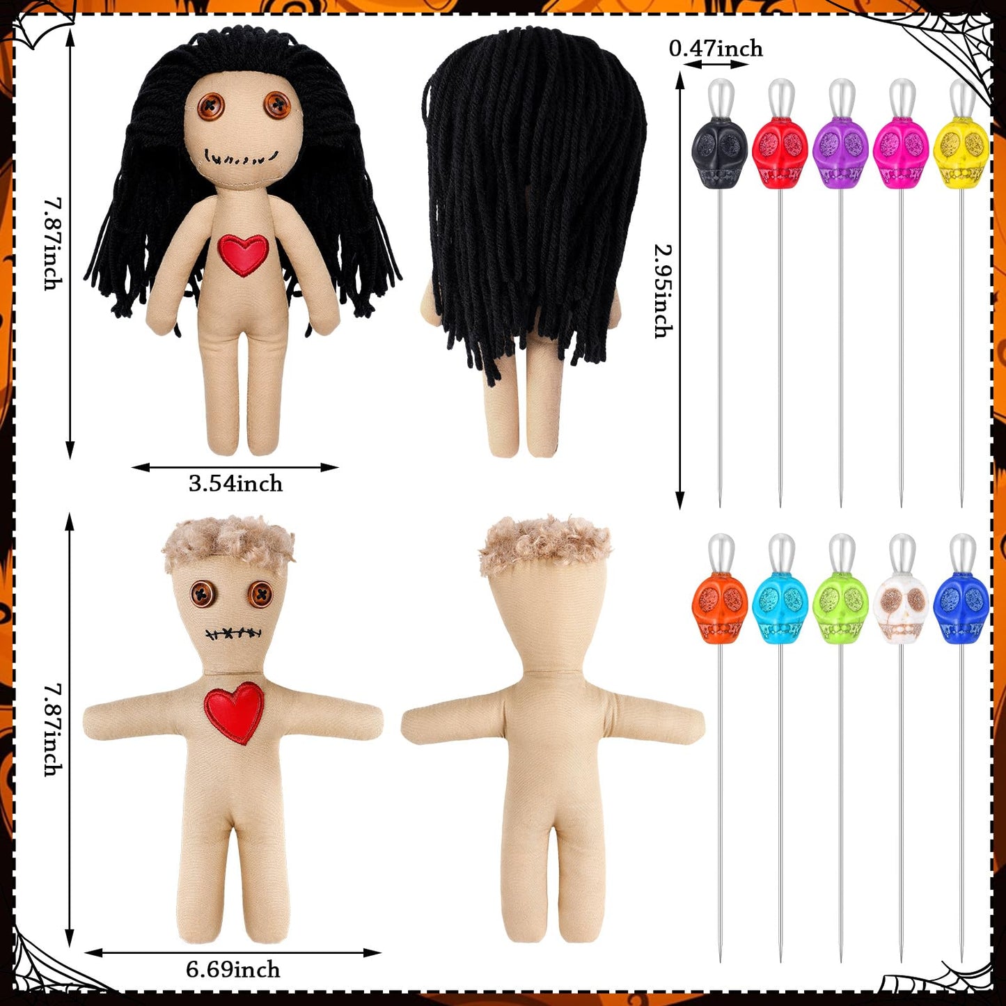 Jenaai 12 Pcs Voodoo Doll Set Include 2 Pcs Creepy Dolls with 10 Pcs Skull Pins Soft Halloween Scary 7.87 Inch Creepy Voodoo with Pins for Halloween Ornaments Fidget Toys Stress Relieving