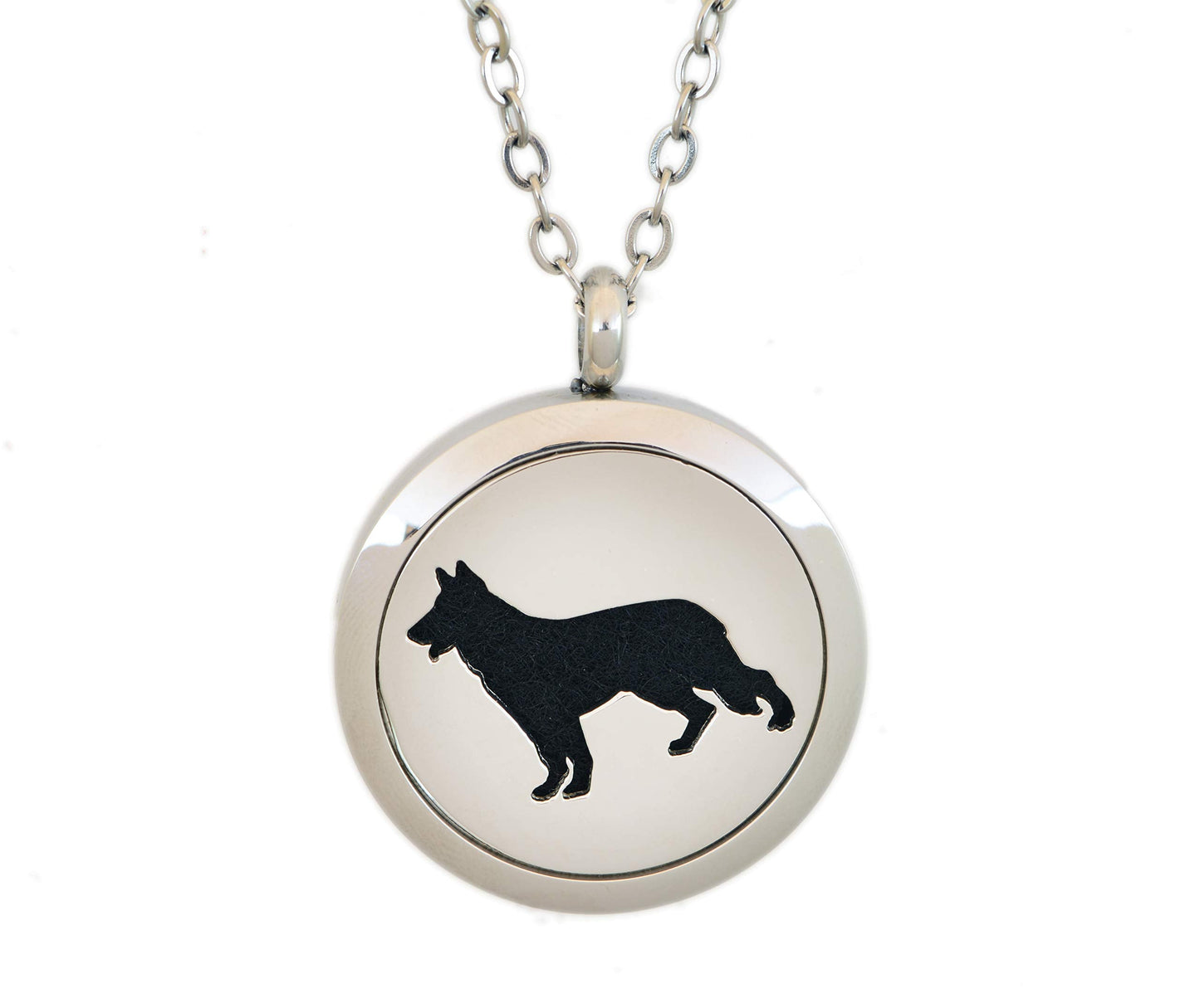 Aromatherapy Essential Oil Diffuser Stainless Steel 30MM Silver Magnetic Locket Pendant 2 Sizes Chain Necklace, Refill Pads & Diffuser Bracelet in a Velvet Bag (Dog)