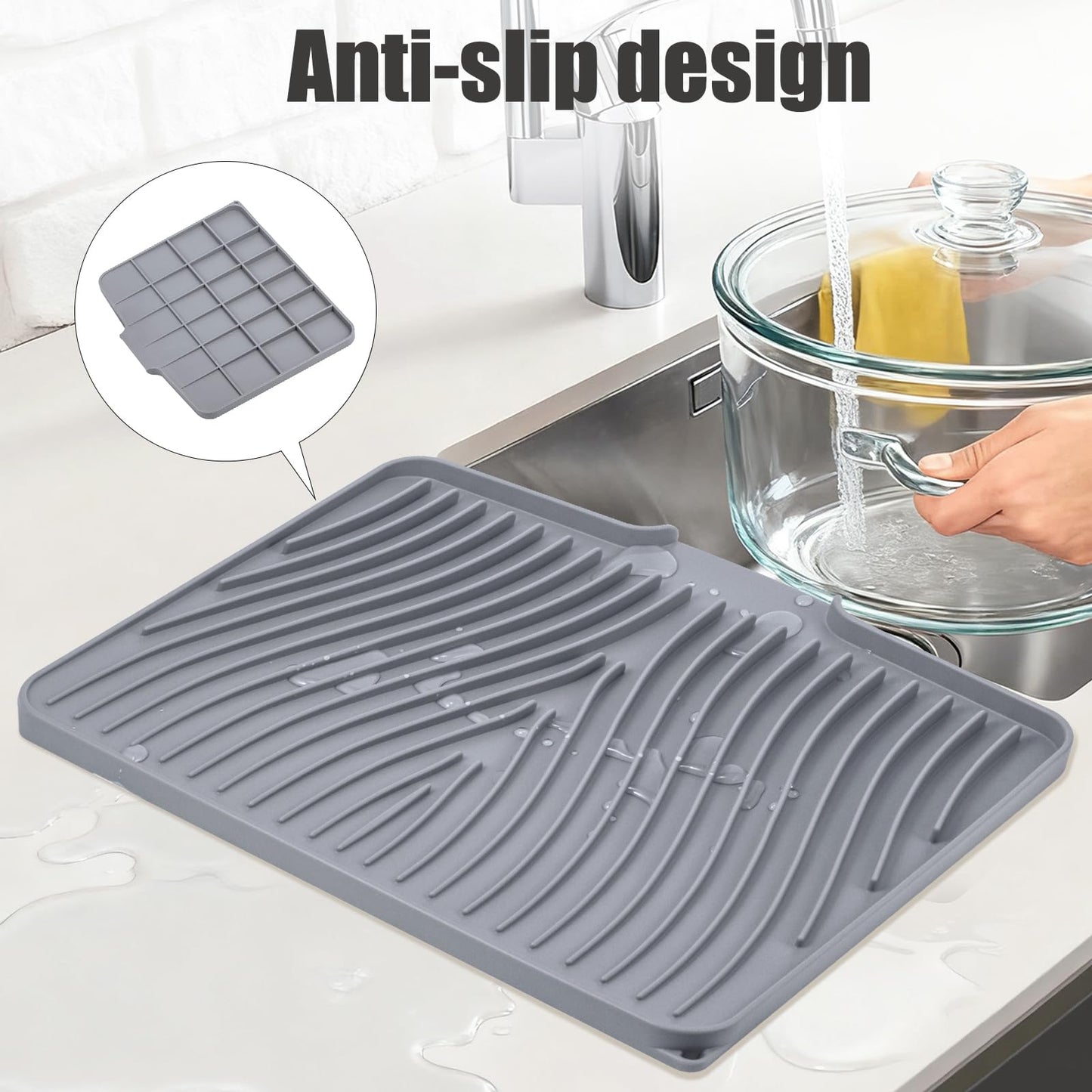 TIKNIK Silicone Dish Drying Mat, Stone Drying Mat for Kitchen Counter with Built-In Drain, Non-Slip Drain Pad with Built-in Drain, Heat Resistant Stone Drying Mat, Hangable, Grey-1pcs, 16" x 12"