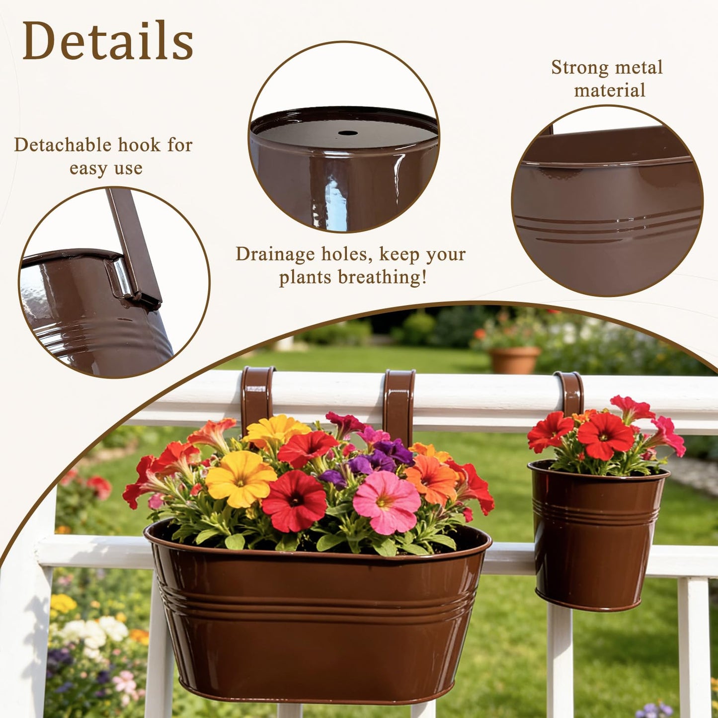 Joyfernal Set of 6 Balcony Hanging Planters, 2 Pcs 17" Metal Railing Flower Pots & 2 Pcs 12" Deck Planter & 2 Pcs 4" Fence Pot for Outdoor Patio Garden Décor, Chocolate