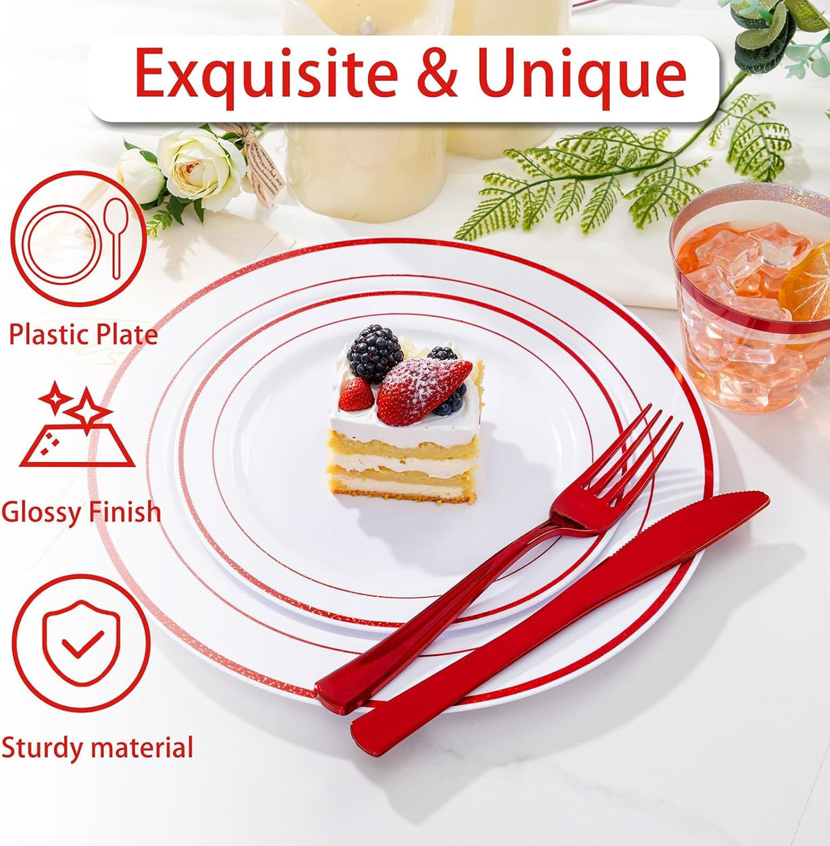 WELLIFE 700 Pieces Red Plastic Plates - Disposable Silverware and Cups, Include: 100 Dinner Plates 10.25”, 100 Dessert Plates 7.5”, 100 Red Cups 9 OZ, 100 Plastic Cutlery