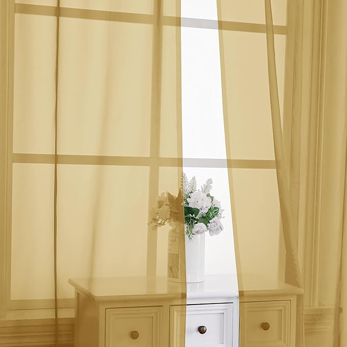 Chyhomenyc Gold Sheer Curtains 90 Inches Long 2 Panels, Light Filtering Gold Curtains for Living Room, Soft Gentle Voile Rod Pocket Bedroom Window Drapes, 59Wx90L Inch, 2PCS