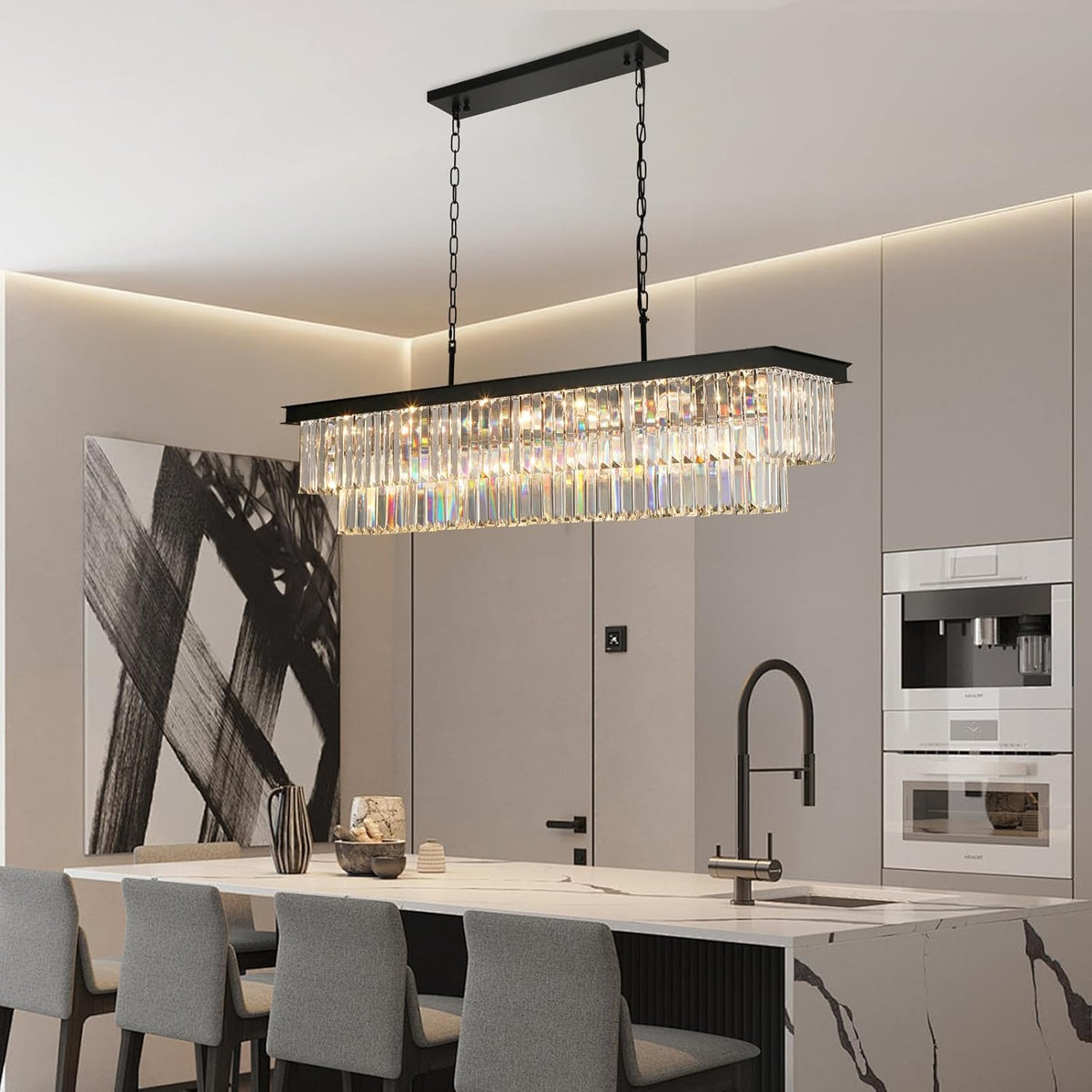 Crystal Chandeliers for Dining Room Light Fixtures Over Table，18-Lights Black Modern Rectangle Chandeliers for Kitchen Island Bar L46 Inch