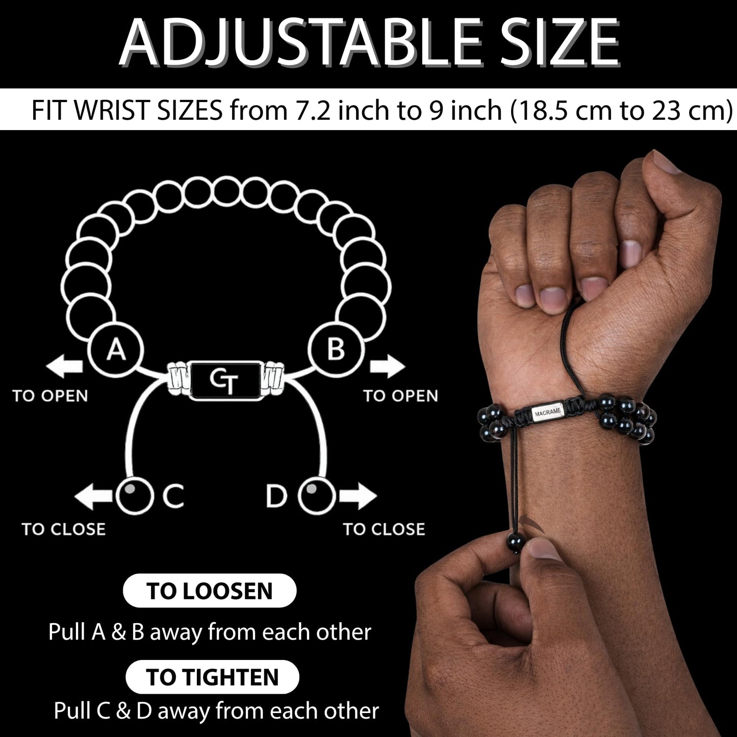 GT collection Flat Bead Bracelet, Gemstone Adjustable Bracelets for Men - Beaded Energy Bracelet for Relaxation and Peace, Handcrafted Men's Jewelry Gifts for Men