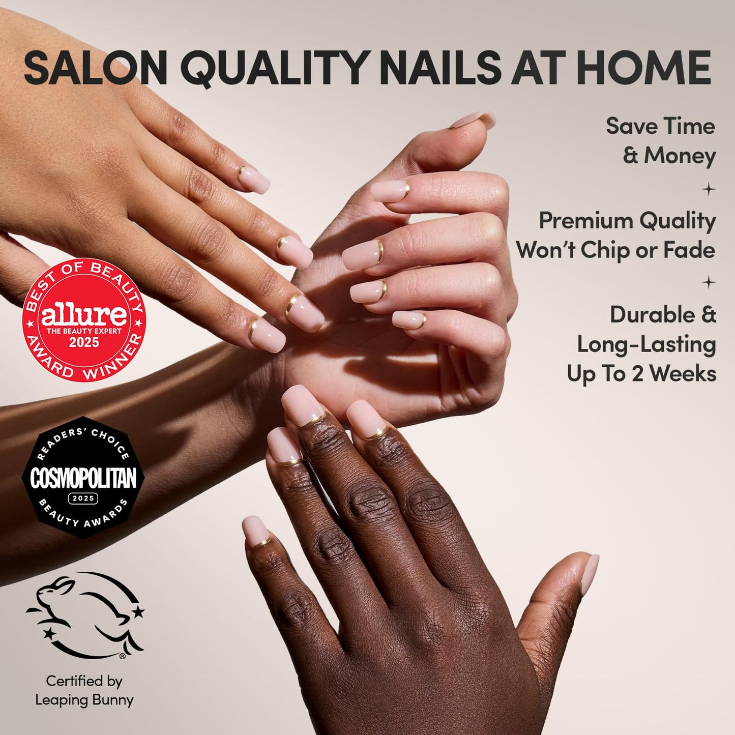 Glamnetic Press On Nails - Short Squoval Fake Nails, Nude Neutral Nails with Gold Reverse French Tip, Goal Setter | 15 Sizes - 30 Nail Kit with Glue | Gift for Mom