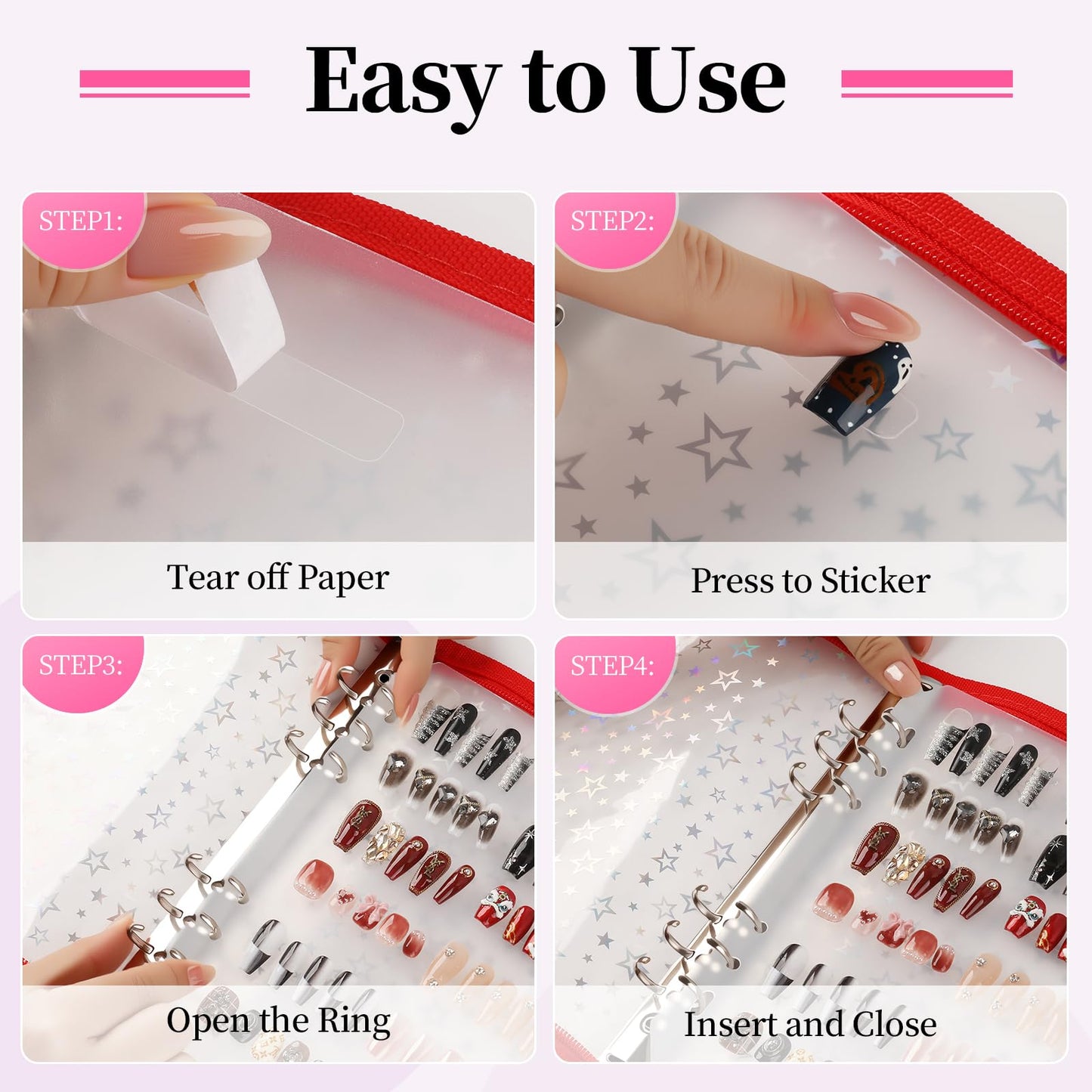 ASTONFOG Press on Nail Organizer Binder Book, 8 A5-Sized Insert Pages & Double Sized Tape, Press on Nails Display Storage Book, Reusable Fake Nail Swatch Collecting Book (Red Star)