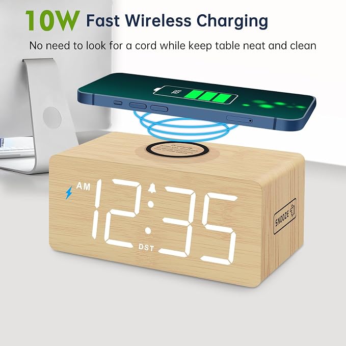 DreamSky Wooden Digital Alarm Clock with Wireless Charging for Bedroom