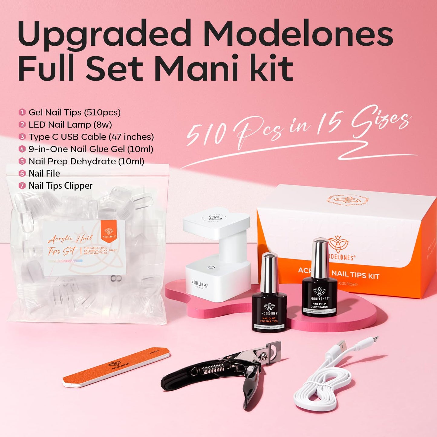 modelones X Nail Gel Kit Extra Short Oval Round, 510Pcs Fake Nails 15Sizes, 9-in-One Glue Prep Dehydrator & Mini U V Light Clipper, Pre-shaped Half Matte Press on Oval Tips for Extension DIY Salon