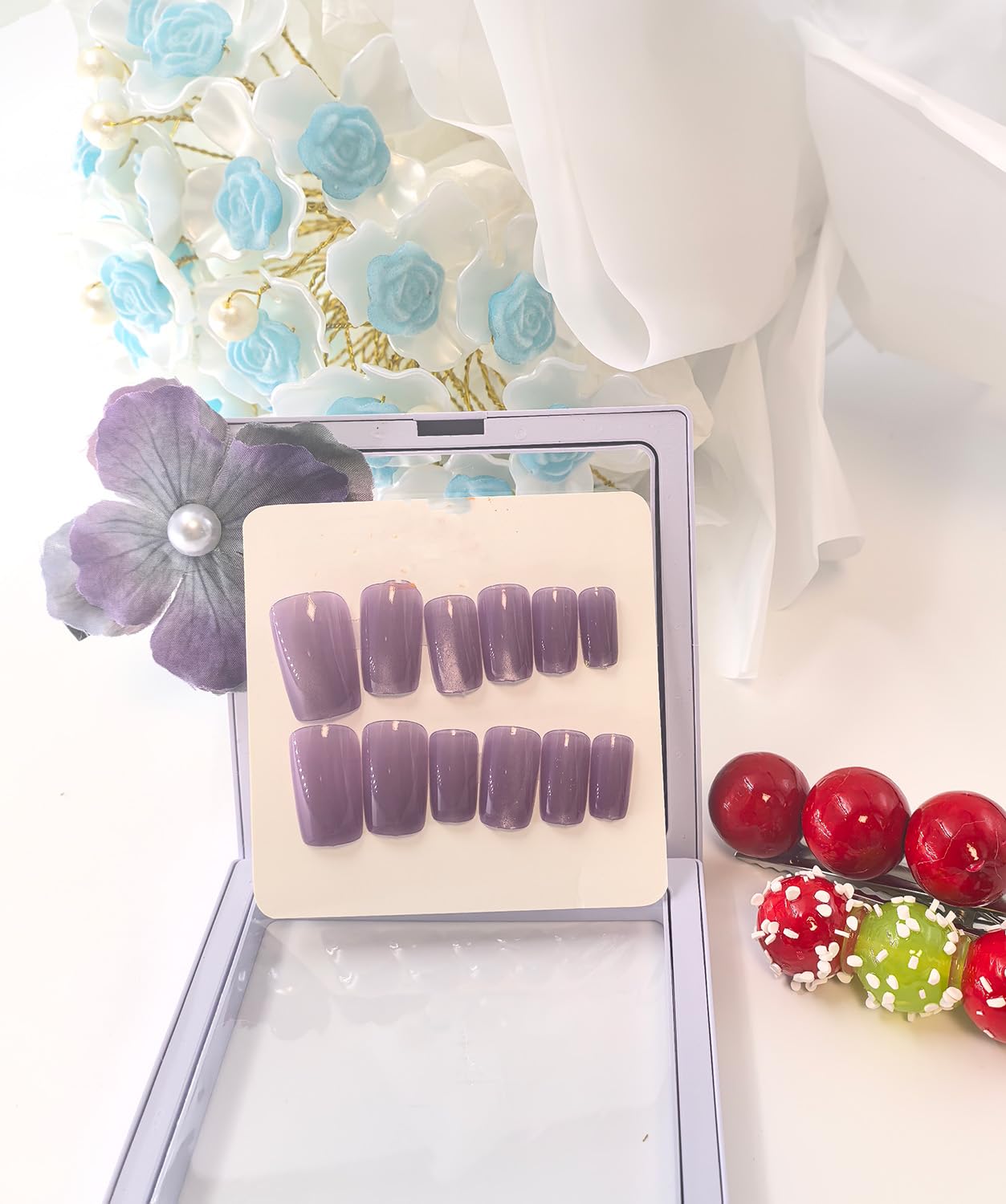 YOYfinee 24Pcs Press on Nails Medium—Short Square Fake Nails Magnetic Cat's Eye Nails. Purple(12)