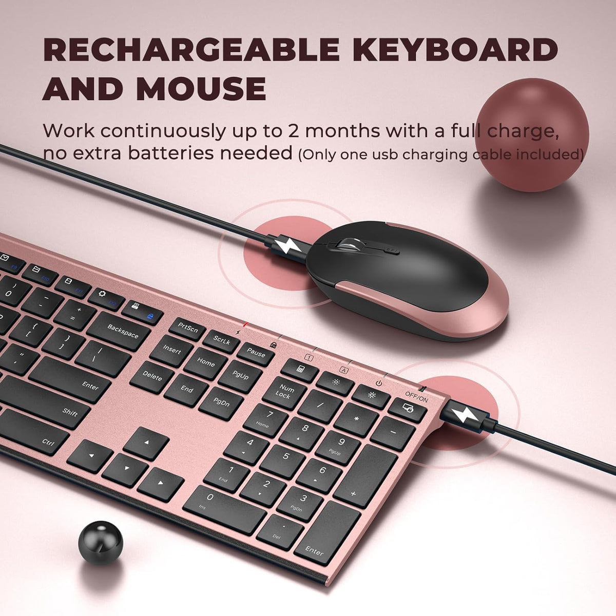 Wireless Keyboard and Mouse, Vssoplor 2.4GHz Rechargeable Compact Quiet Full-Size Keyboard and Mouse Combo with Nano USB Receiver for Windows, Laptop, PC, Notebook-Black and Rose Gold