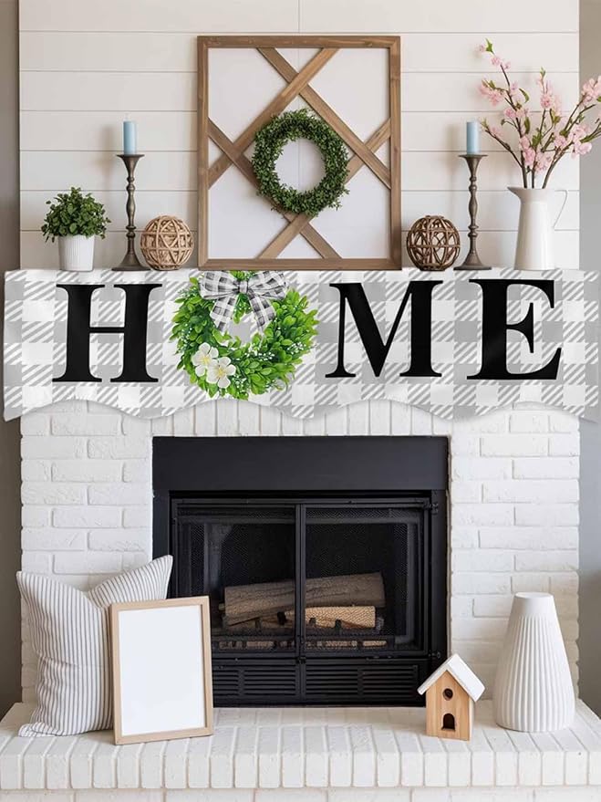 Rustic Home Fireplace Mantel Scarf Table Runner,Green Eucalyptus Leaves Wreath Wooden Plaid Winter Garland Mantel Top Tablerunners Dresser Scarves Cover for Windows Party Living Room 70"x17"