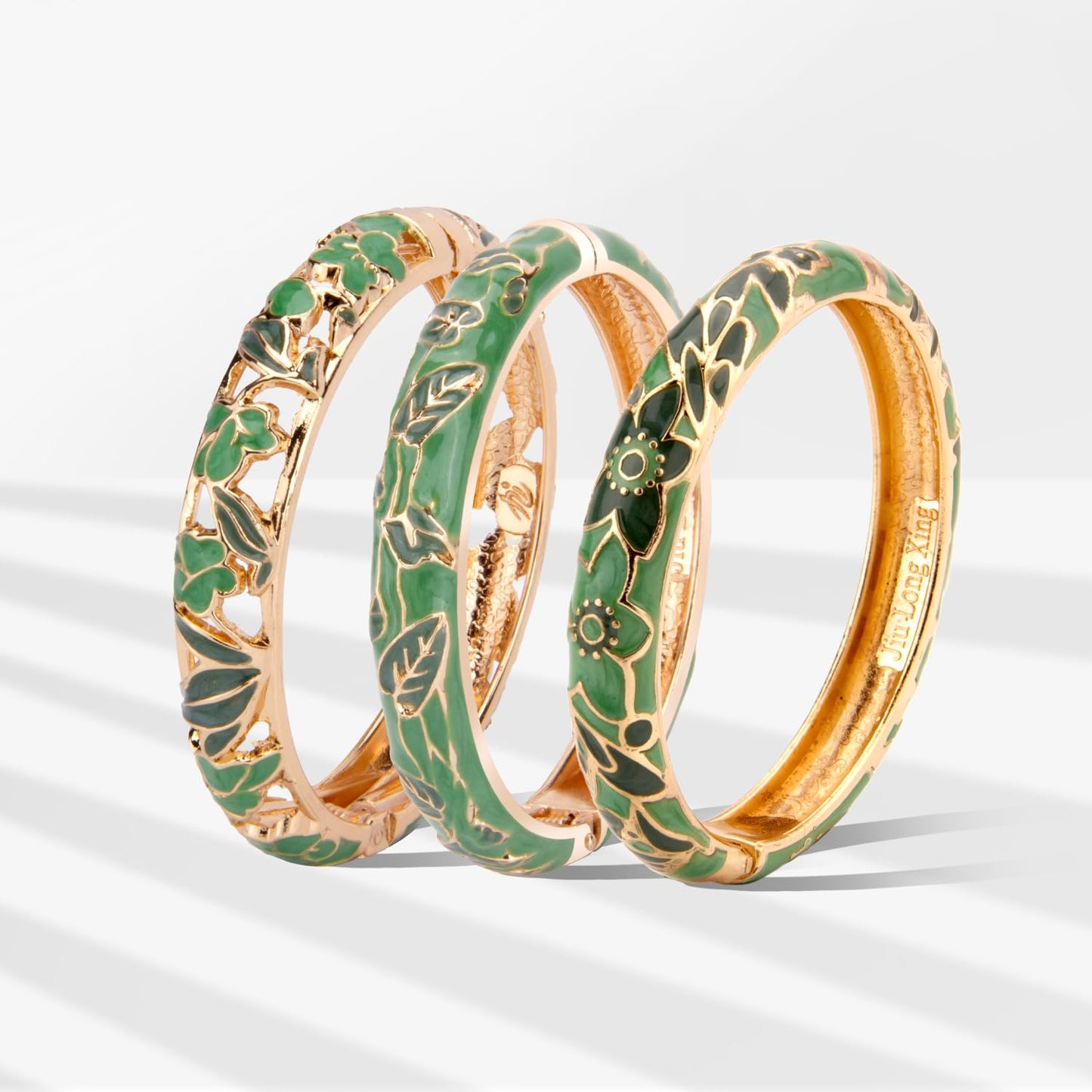 UJOY Women Cloisonne Bracelet Multi-Colors Gold Plated Rhinestone Flower Hollowed Enameled Hinged Cuff Bangles Jewelry Gift 55A88B 3pcs Green