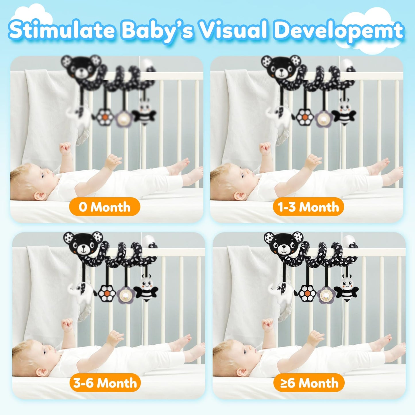 GKDOMS Baby Carseat Toy Black & White Rattle Spiral Hanging Activity Stroller Toy for Newborns Boys and Girls - Bear