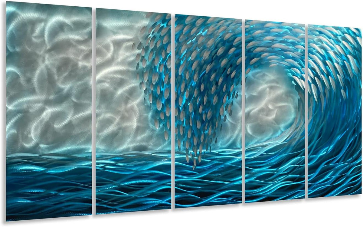 Yihui Arts Hand Crafted Blue Sea Wave 3D Metal Wall Art - Coastal 5 Panel Aluminum Sculpture for Big Abstract Office, Hallway, Fireplace, and Home Decor