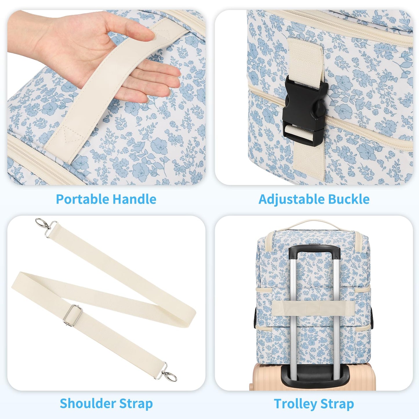 Extra Large Nail Polish Organizer - Three Layer Nail Organizers And Storage Bag, Portable Nail Supplies Organizer Case, Nail Tech Kit Travel Carrying Box with Shoulder Strap (Floral Blue, 86 Slots)