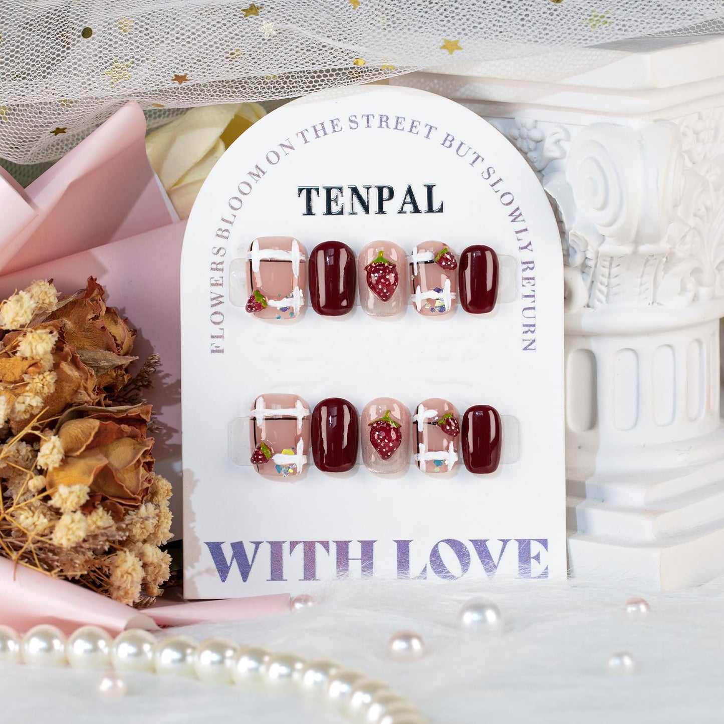 TENPAL Handmade Press on Nails Wine Red Nails Press Ons Short Square Gummy Candy 3d Strawberry Fake Nails with Glue Glossy Glitter Glue on Nails Short 10pcs/box Cute Stick on Nails for Women(M)