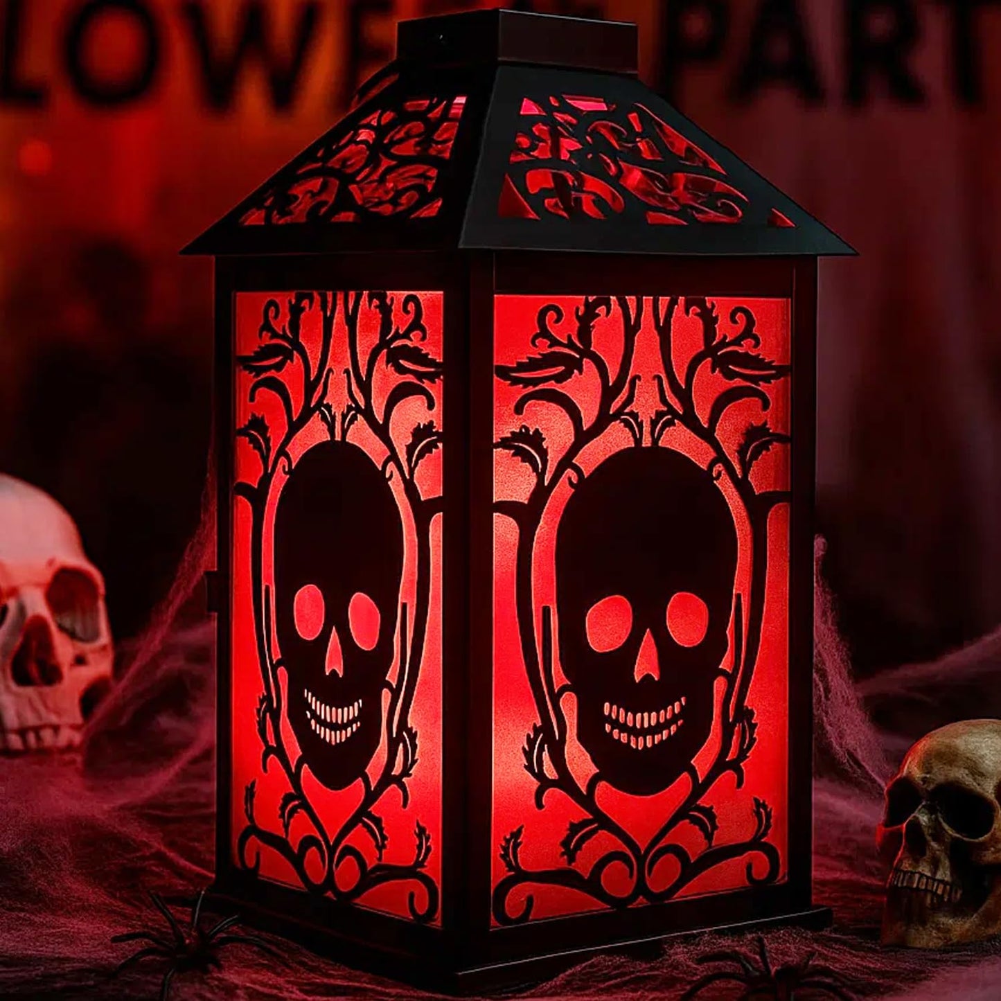 VELA LANTERNS 11.5" Halloween Skull Candle Lantern - Decorative Spooky Tabletop Light for Haunted House, Gothic Home, Front Porch & Party Decor, Metal with Frosted Glass (Candle NOT Included)
