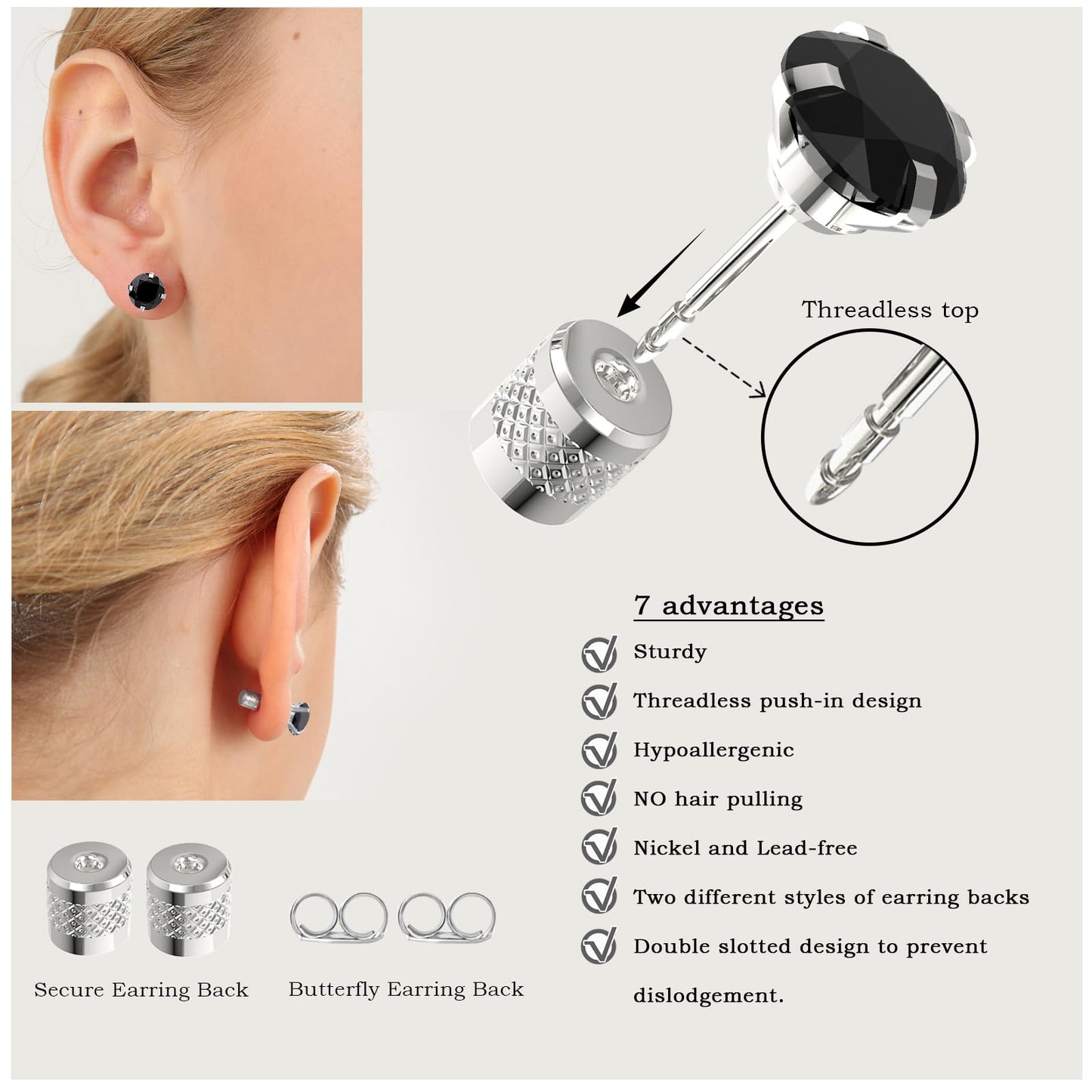 5 pairs Push-in Flat Back Stud Earrings Hypoallergenic Surgical Stainless Steel Cubic Zirconia Earrings Studs Set Multi-Pack, CZ Stud Earrings for Women Men Trendy Cartilage Earrings 4-8mm(black)