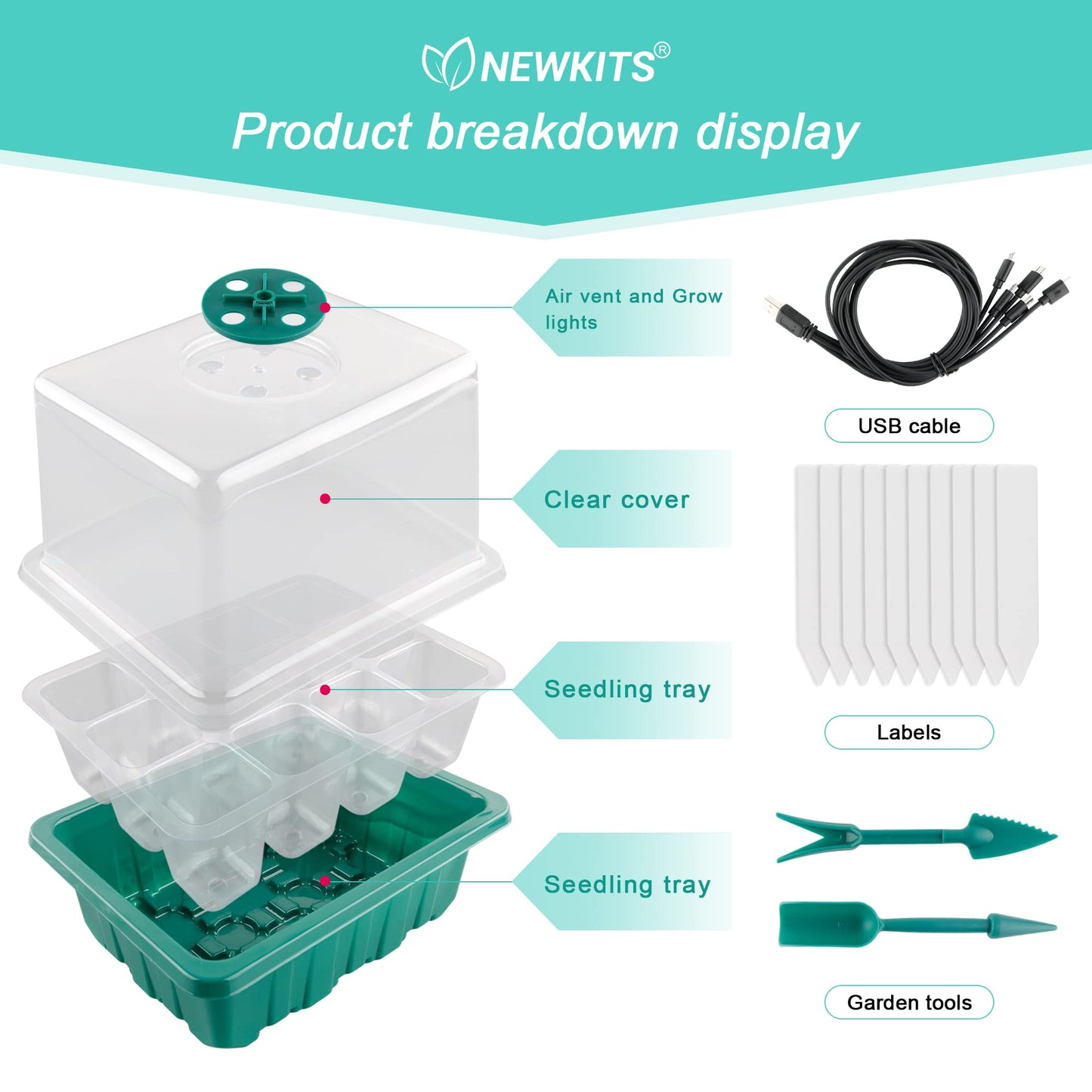 NEWKITS Seed Starter Tray with Grow Light, Seed Starter Kit, Plant Germination Starting Trays with Humidity Dome and Base for Greenhouse Grow Wheatgrass Hydroponic(12 Cells per Tray)