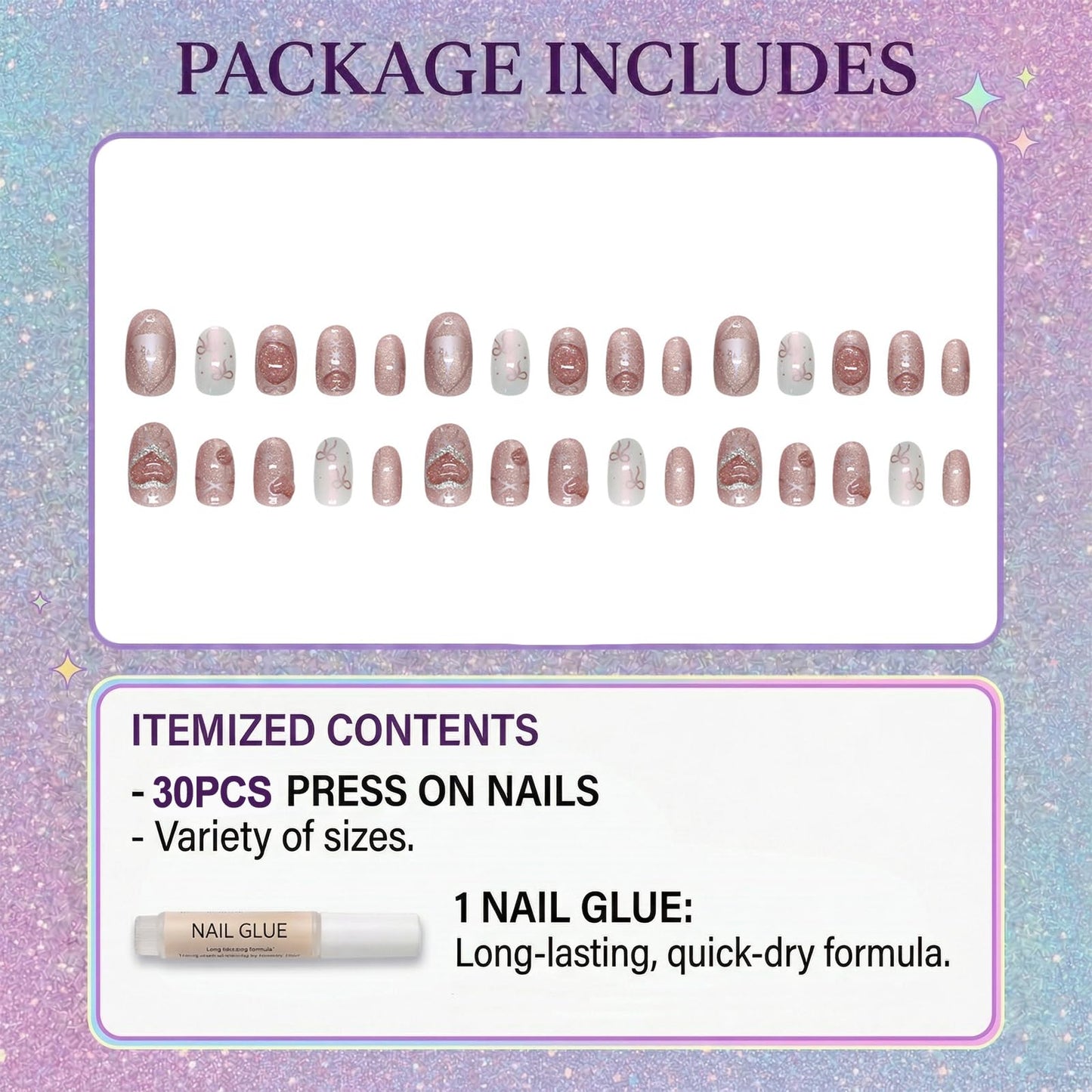 IMSOHOT Oval Press on Nails, Short Fake Nails, Pink Cat Eye 3D Sculpted Heart Bow Castle, 30 Pcs Reusable Glue on Nails for Women
