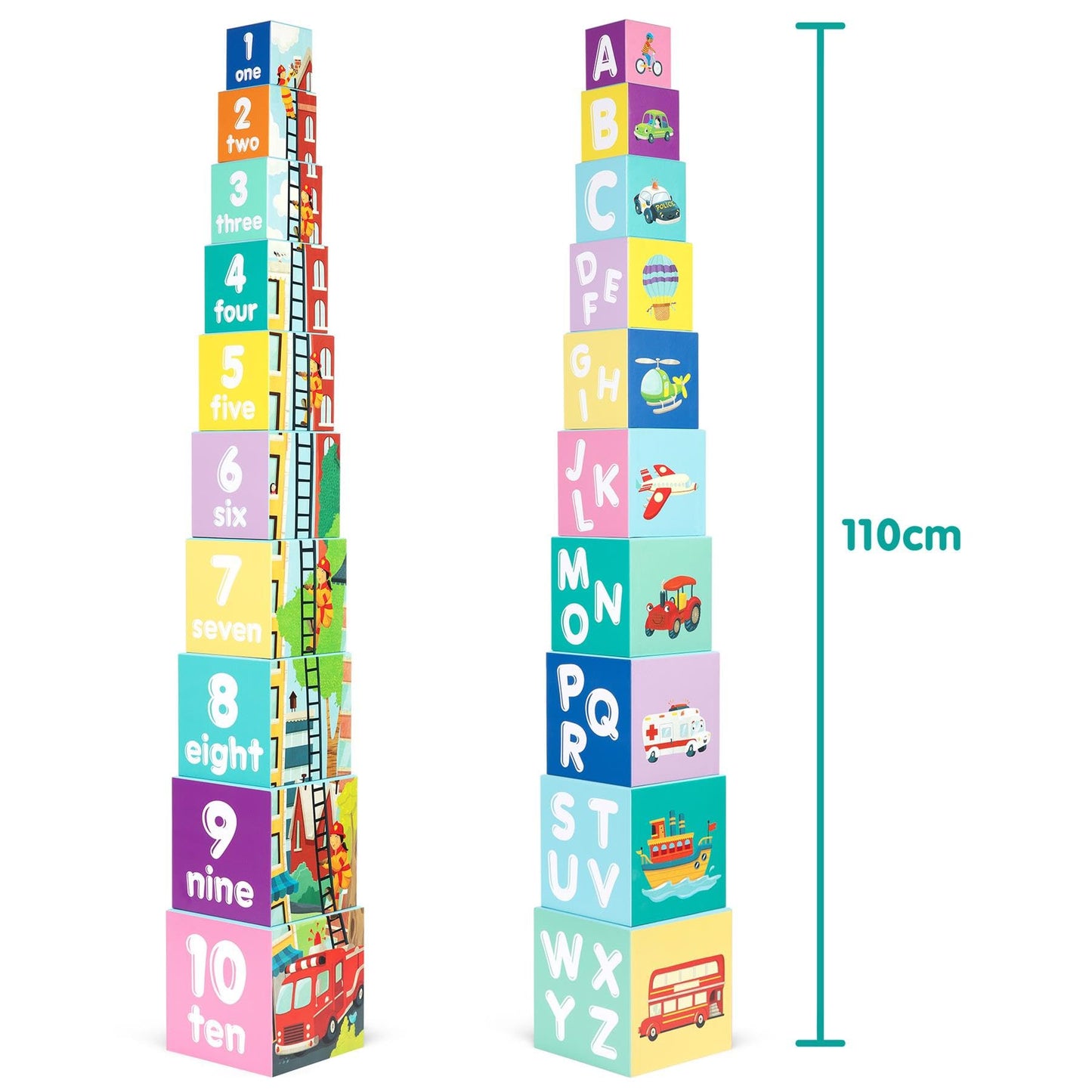 boppi Baby Stacking Blocks Vehicle Toys with Letters and Numbers, Montessori Cubes for Toddlers, Preschool Learning Toys