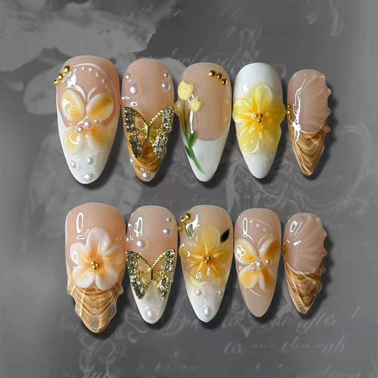 IMRAIN Spring Press on Nails Medium Almond Fake Nails French Nail Tips Full Cover 3D Yellow Flower False Nails Reusable Artificial Stick on Nails for Women