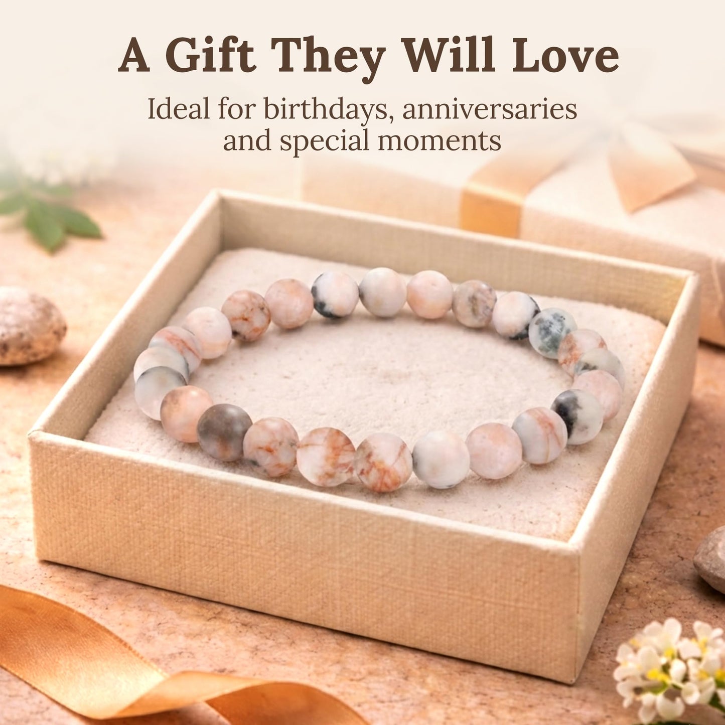 Elm City Direct 8mm Natural Stone Beaded Bracelet – Unisex Crystal Stretch Bracelets for Men & Women, Chakra & Healing Jewelry, Gift-Ready Beaded Bracelets (Pink Zebra Jasper, 8mm)