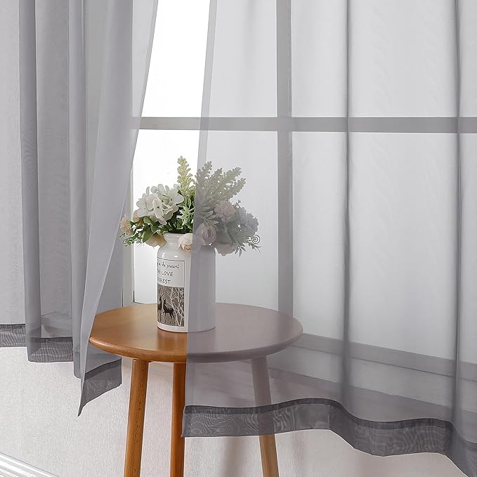 Lecloud Grey Sheer Curtains 45 Inch Long 2 Panels, Short Voile Drapes for Dinning Small Windows, Light Filtering Voile Curtain for Living Room Bedroom Bathroom, Dual Rod Pocket, 40" Wx45 L