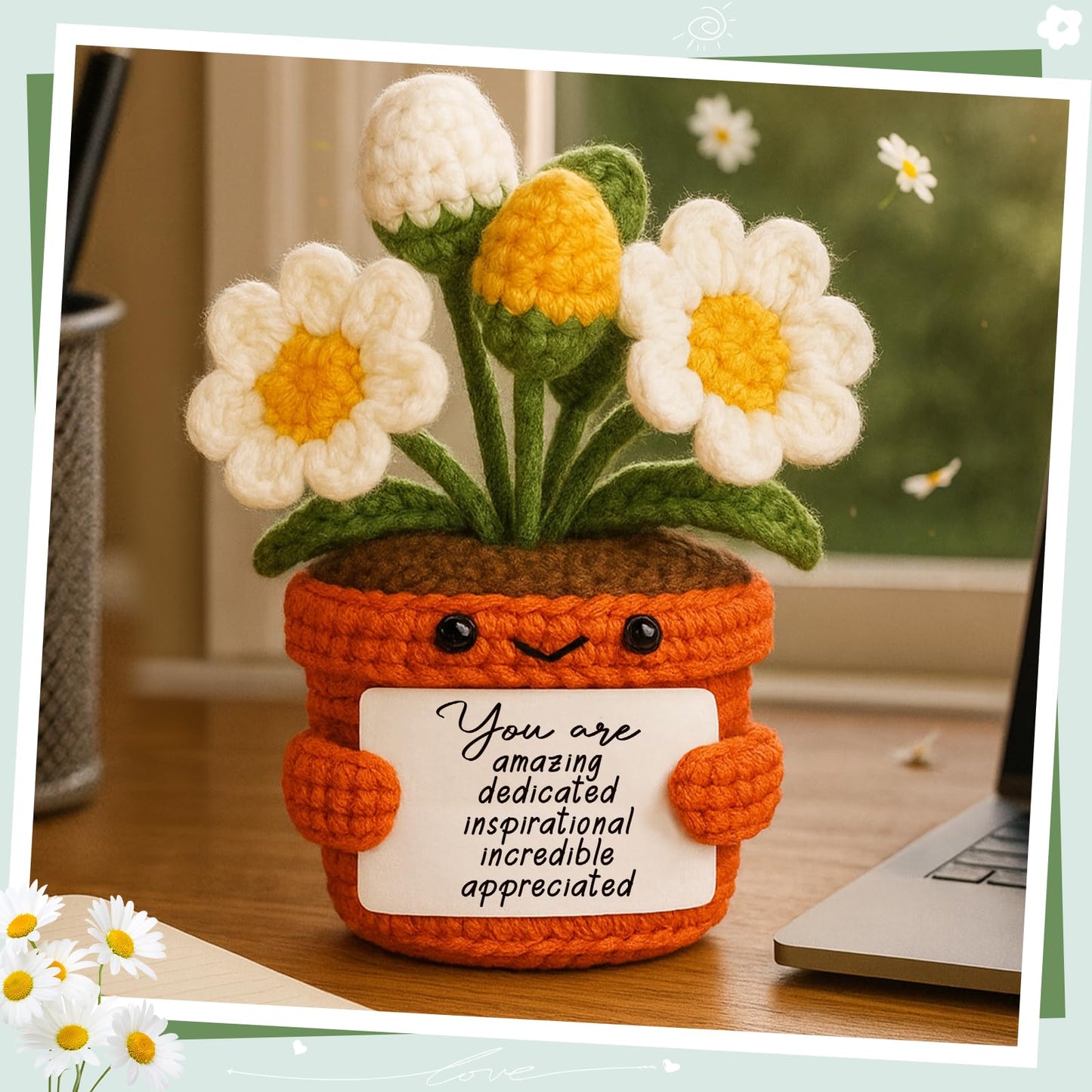 Hweijm Crochet Daisy Gift, Handmade Mini Flower Desk Buddy for Teacher Appreciation, Coworker or Boss Birthday, Inspirational Thank You Present, Positive Office Desk Decor