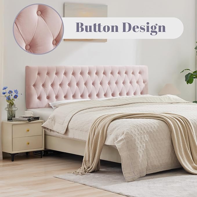 Kingfun Tufted Upholstered King Size Bed Headboard in Modern Button Design, Adjustable Solid Wood Head Board, Premium Velvet Fabric Padded Headboards in Bedroom (Pink)