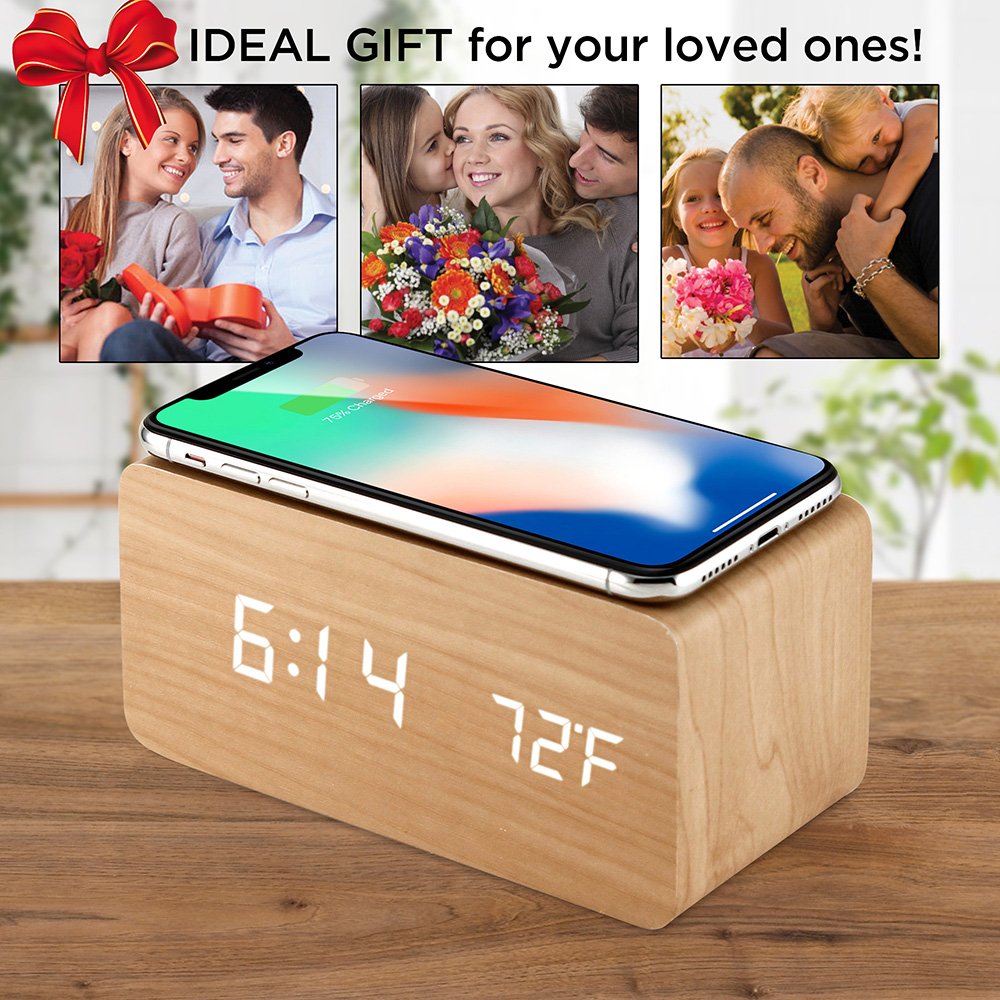OCT17 Alarm Clock with Qi Wireless Charging Pad Compatible with iPhone Samsung Wood LED Digital Clock Sound Control Function, Time Date, Temperature Display for Bedroom Office Home - Wood
