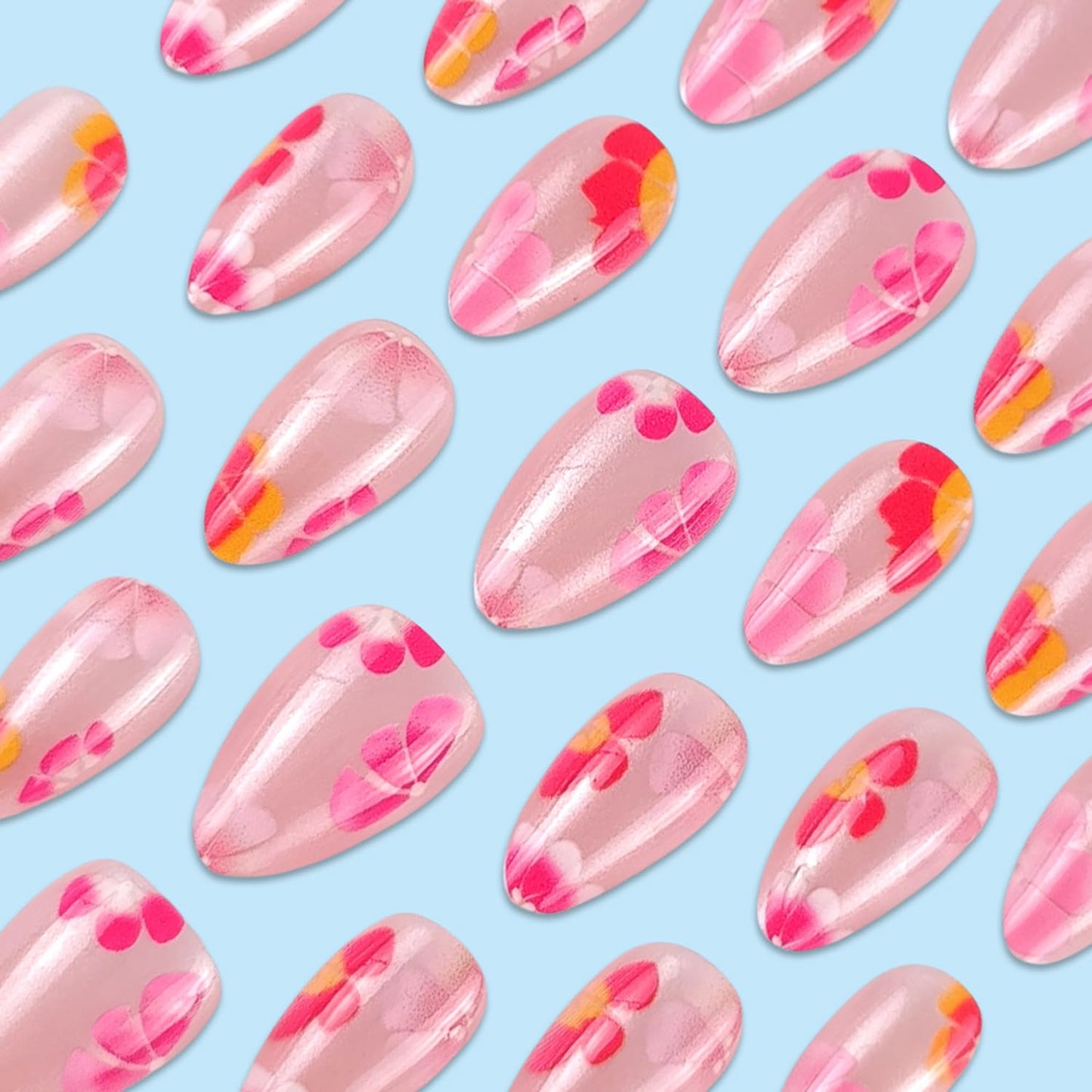 Medium Length Press on Nails Almond Fake Nails Glitter Pink False Nails Flower Reusable Acrylic Nails Glossy Full Cover Stick on Nails with Design Press ons Nails for Women 24 Pcs