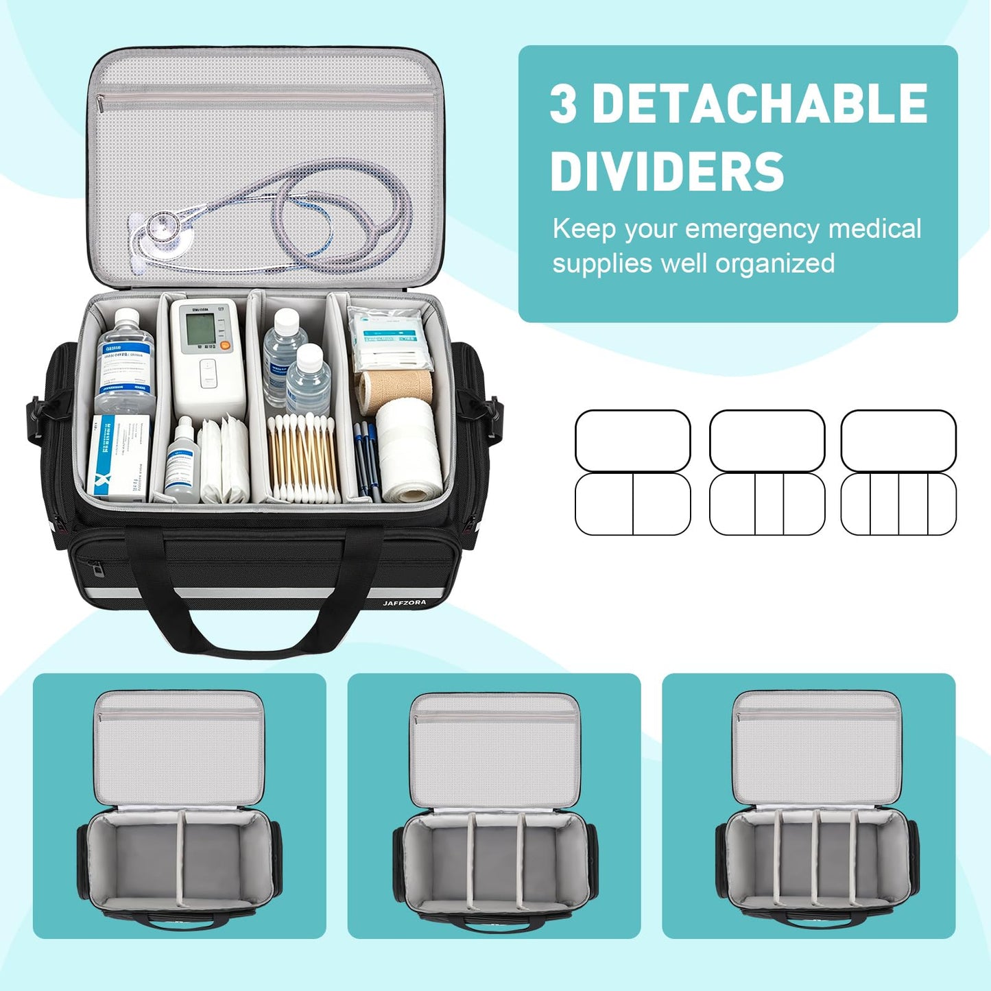 Jaffzora Medical Bag, Medical Equipment Case Empty, Large Home Health Nurse Bag with Shoulder Strap, Medication First Aid Organizer for Therapist, Doctors, Nursing Students (Black)