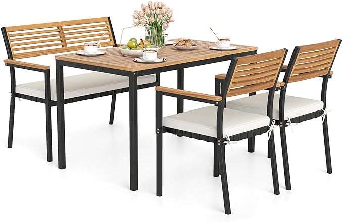 Tangkula 4 Piece Patio Dining Furniture Set, Outdoor Dining Chair Set for 4 w/Acacia Wood & Metal Frame, Umbrella Hole, 1 Table, 2 Armchairs, 1 Bench for Lawn, Garden, Backyard, Porch