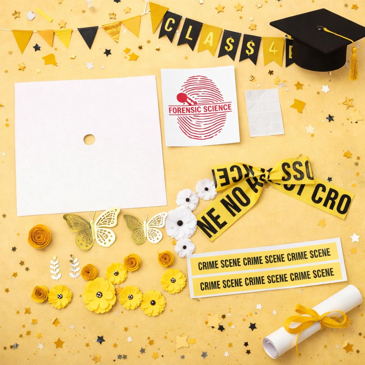 Gersoniel Criminal Justice Graduation Decorations Glitter Grad Cap Topper Graduation DIY Accessory Kit Included Paper Flowers Crime Scene Printed Bow Scale Sticker for Hat(Stylish)