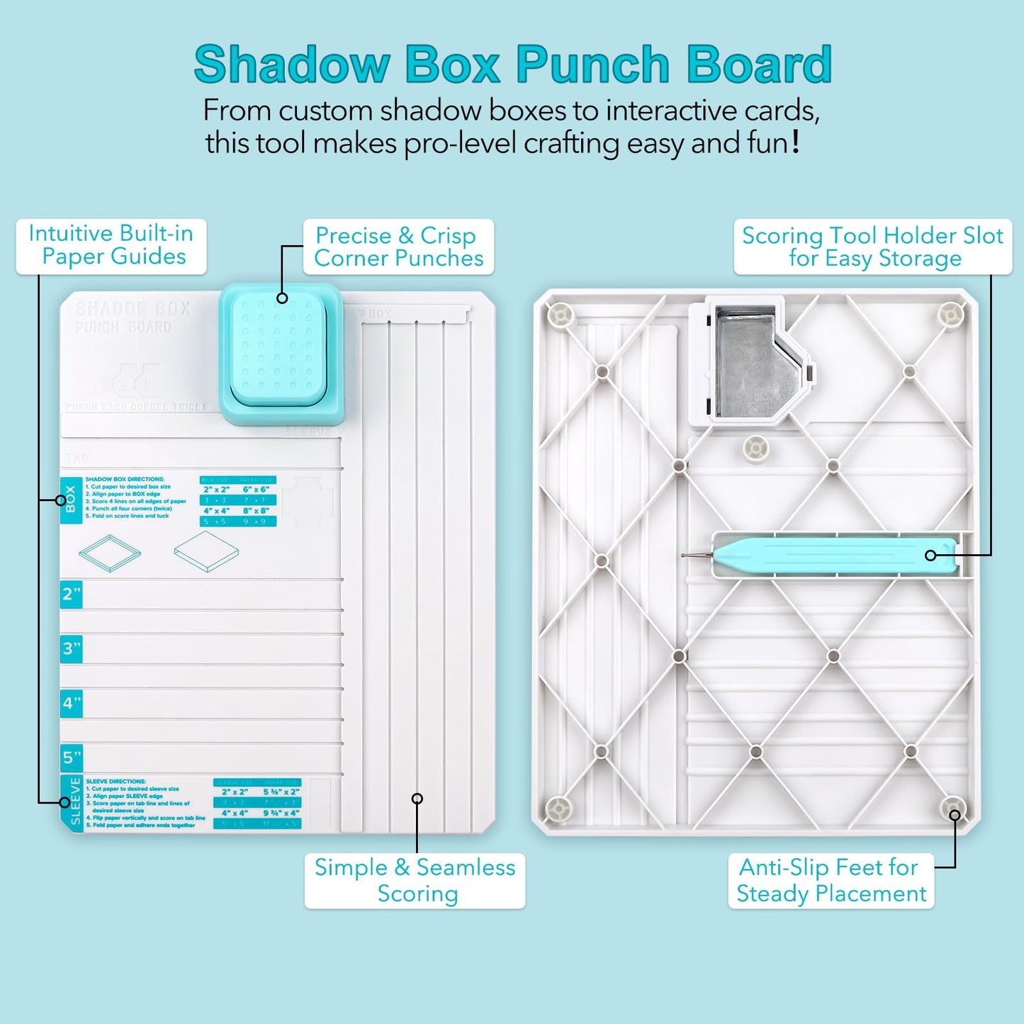 Briartw All-in-One Shadow Box Punch Board with Scoring Tool for DIY Making 2", 3", 4", 5" Shadow Boxes & Sleeves | Beginner-Friendly Scoring & Punching Tool for Paper Crafting