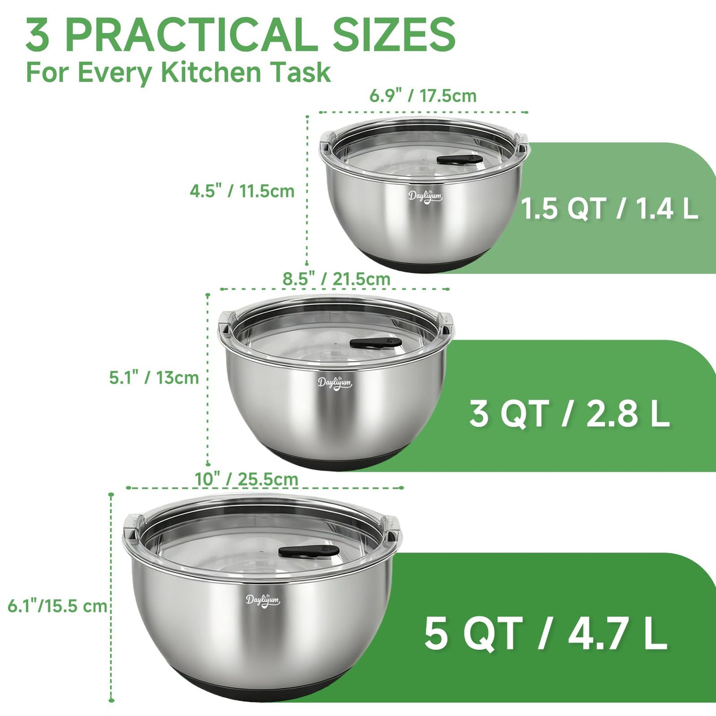 Mixing Bowls with Airtight Lids, Stainless Steel Nesting Bowl Set with Clear Lids & Valve, 3 Essential Sizes (1.5/3/5 QT), Measurement Marks, Non-Slip Silicone Base, Food Prep & Fridge Storage, Black