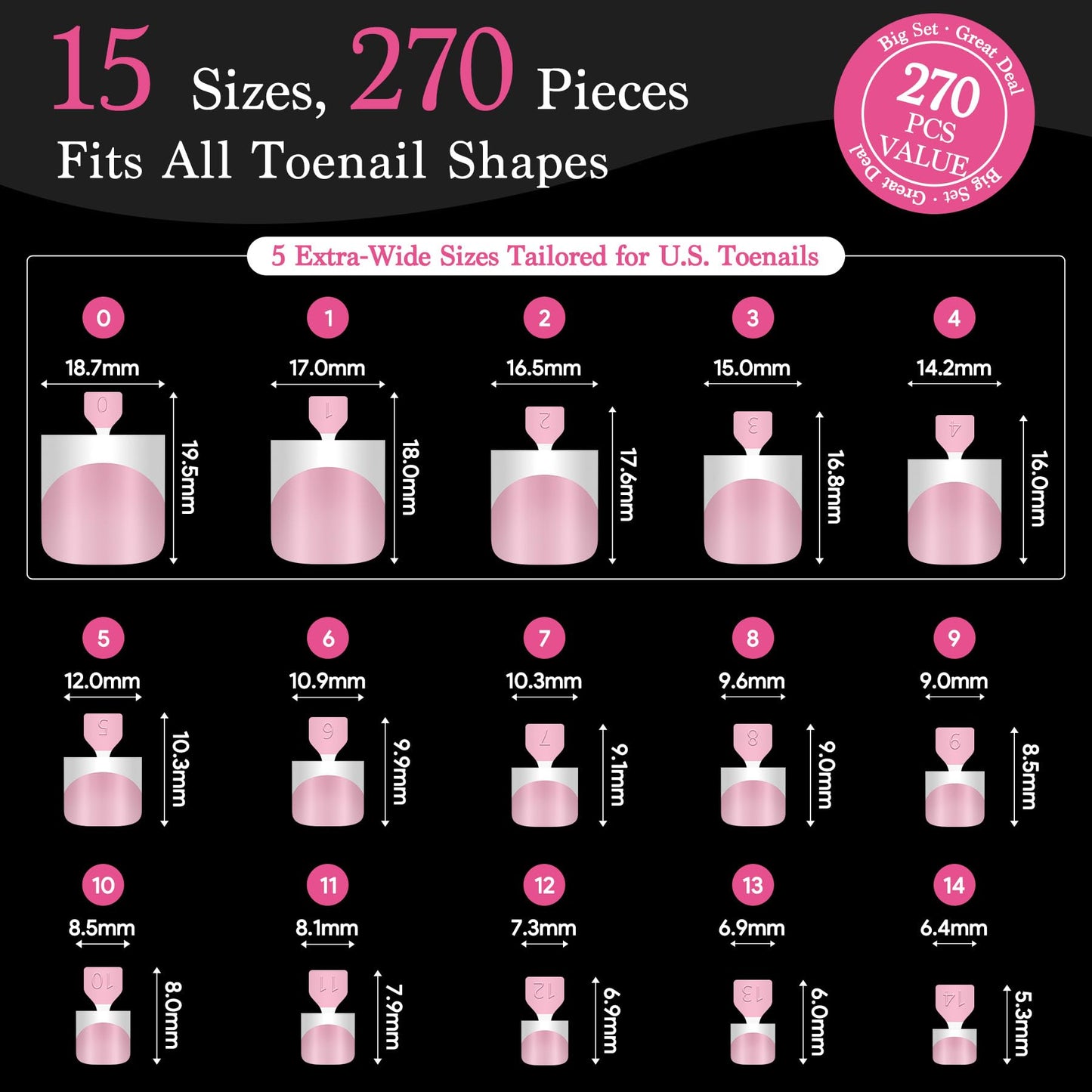 Press On Toenails for Women French Tips, Sharp Square Pre-applied Primer & Base Coat Toe Nail Press Ons Baby Pink Full Cover Fake Tips Extension 15 Sizes 270 Pcs